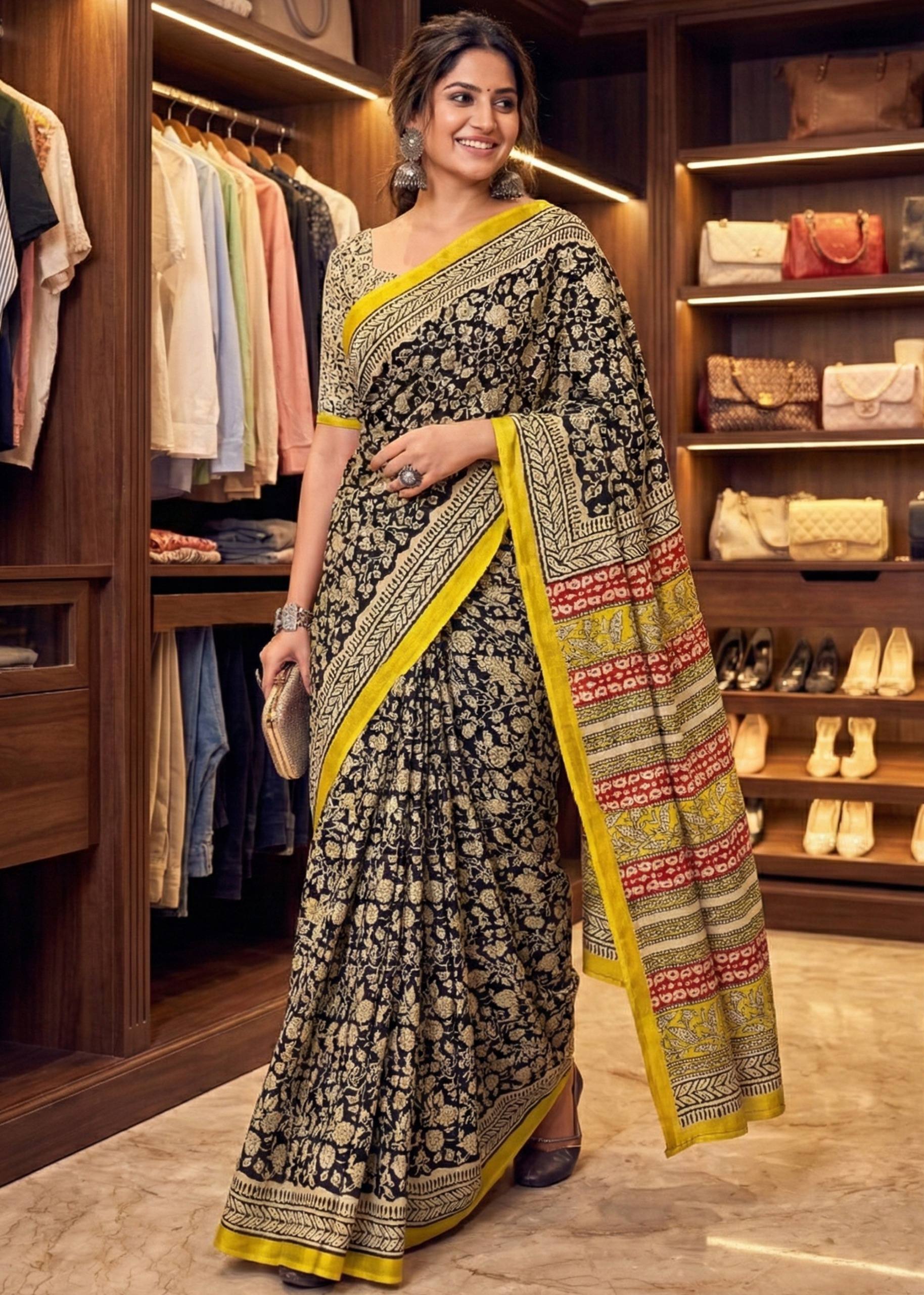 SOFT PURE COTTON JAIPUR BAGRU BLOCK PRINT BLACK AND YELLOW SAREE WITH BLOUSE