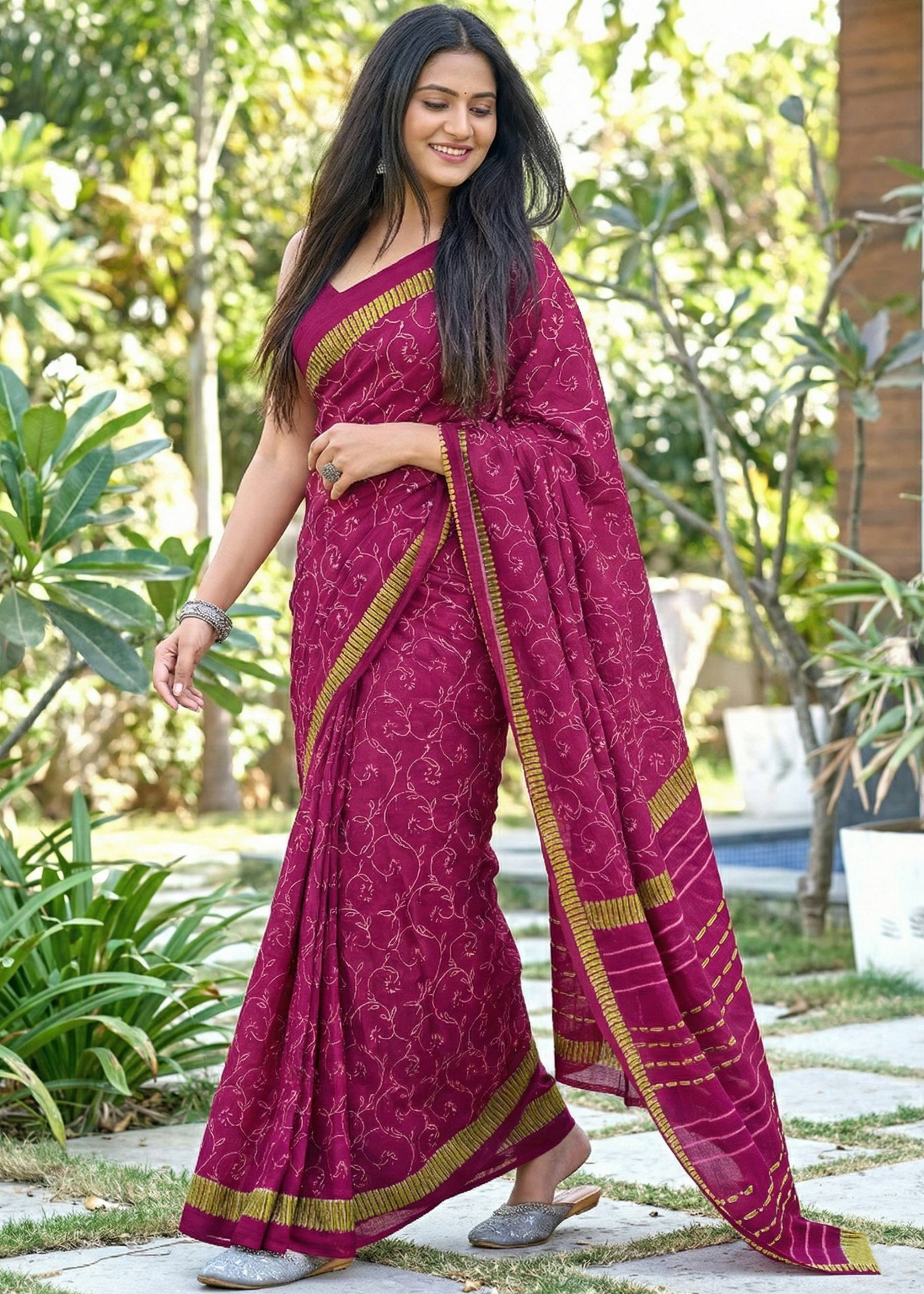 SOFT PURE MULMUL COTTON BAGRU BLOCK PRINT PINK SAREE WITH BLOUSE