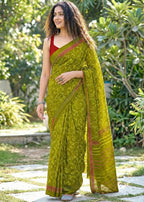 SOFT PURE MULMUL COTTON BAGRU BLOCK PRINT MEHANDI GREEN SAREE WITH BLOUSE