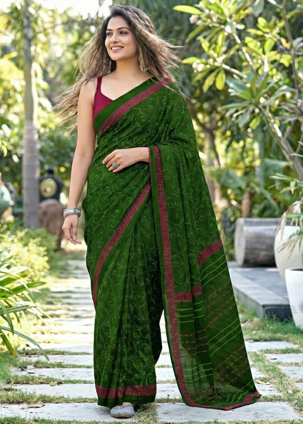SOFT PURE MULMUL COTTON BAGRU BLOCK PRINT GREEN SAREE WITH BLOUSE