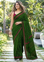 SOFT PURE MULMUL COTTON BAGRU BLOCK PRINT GREEN SAREE WITH BLOUSE