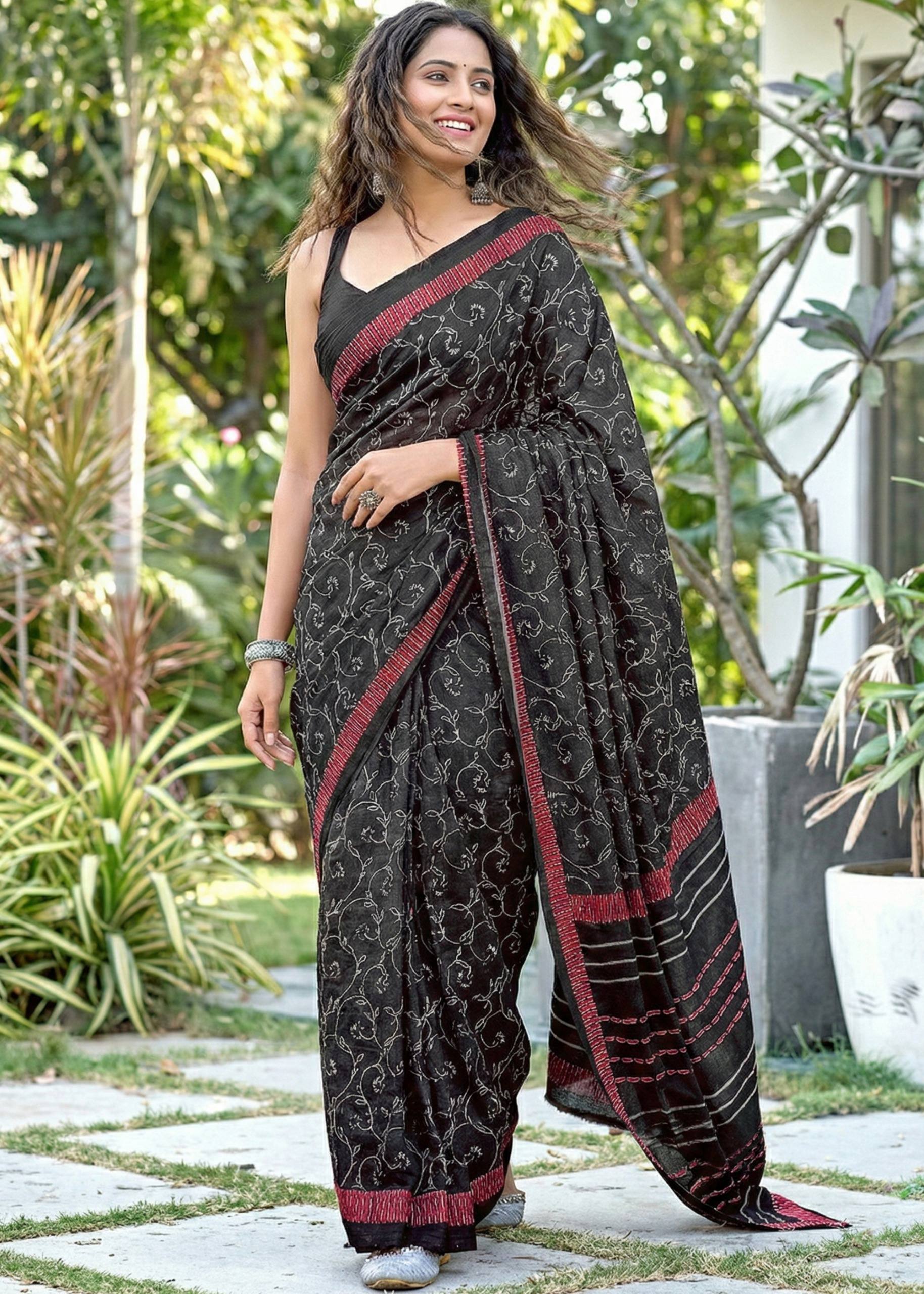 SOFT PURE MULMUL COTTON BAGRU BLOCK PRINT GREEN SAREE WITH BLOUSE