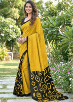 SOFT PURE COTTON FANCY BAGRU BLOCK PRINT YELLOW SAREE WITH BLOUSE