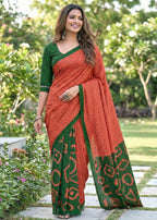 SOFT PURE COTTON FANCY BAGRU BLOCK PRINT ORANGE SAREE WITH BLOUSE