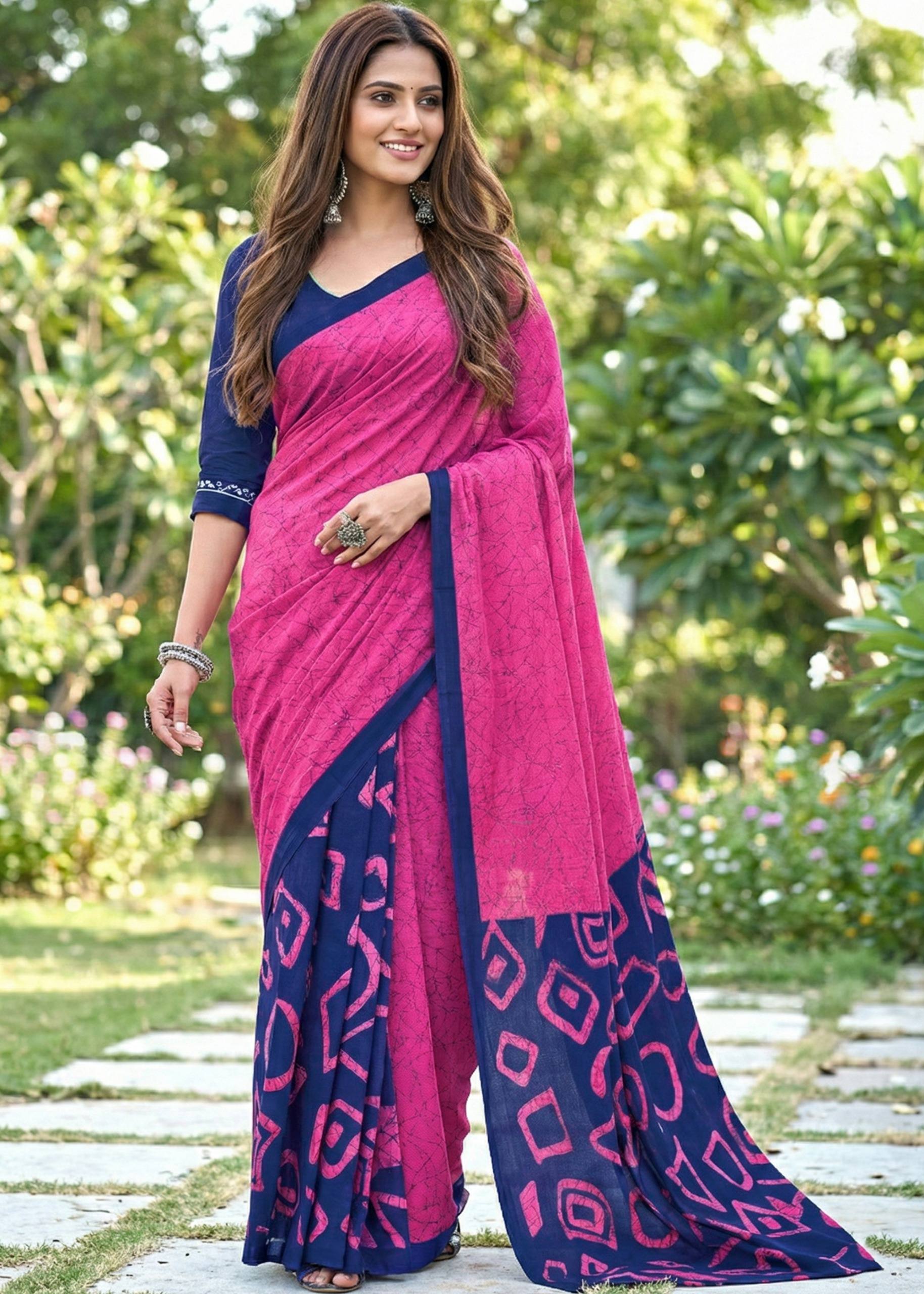 SOFT PURE COTTON FANCY BAGRU BLOCK PRINT PINK SAREE WITH BLOUSE