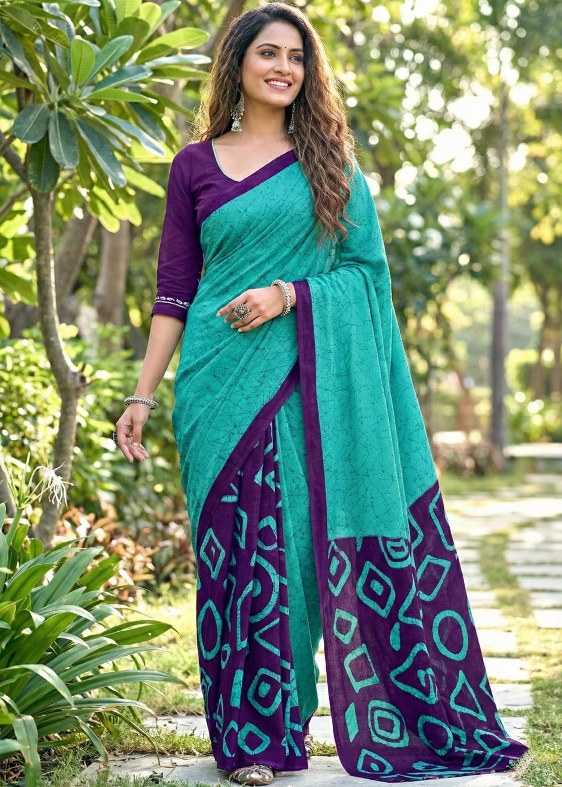 SOFT PURE COTTON FANCY BAGRU BLOCK PRINT BLUE SAREE WITH BLOUSE