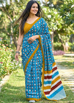 SOFT PURE  MULMUL COTTON FANCY BAGRU BLOCK PRINT SKY BLUE SAREE WITH BLOUSE