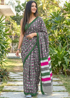 SOFT PURE  MULMUL COTTON FANCY BAGRU BLOCK PRINT GREY SAREE WITH BLOUSE