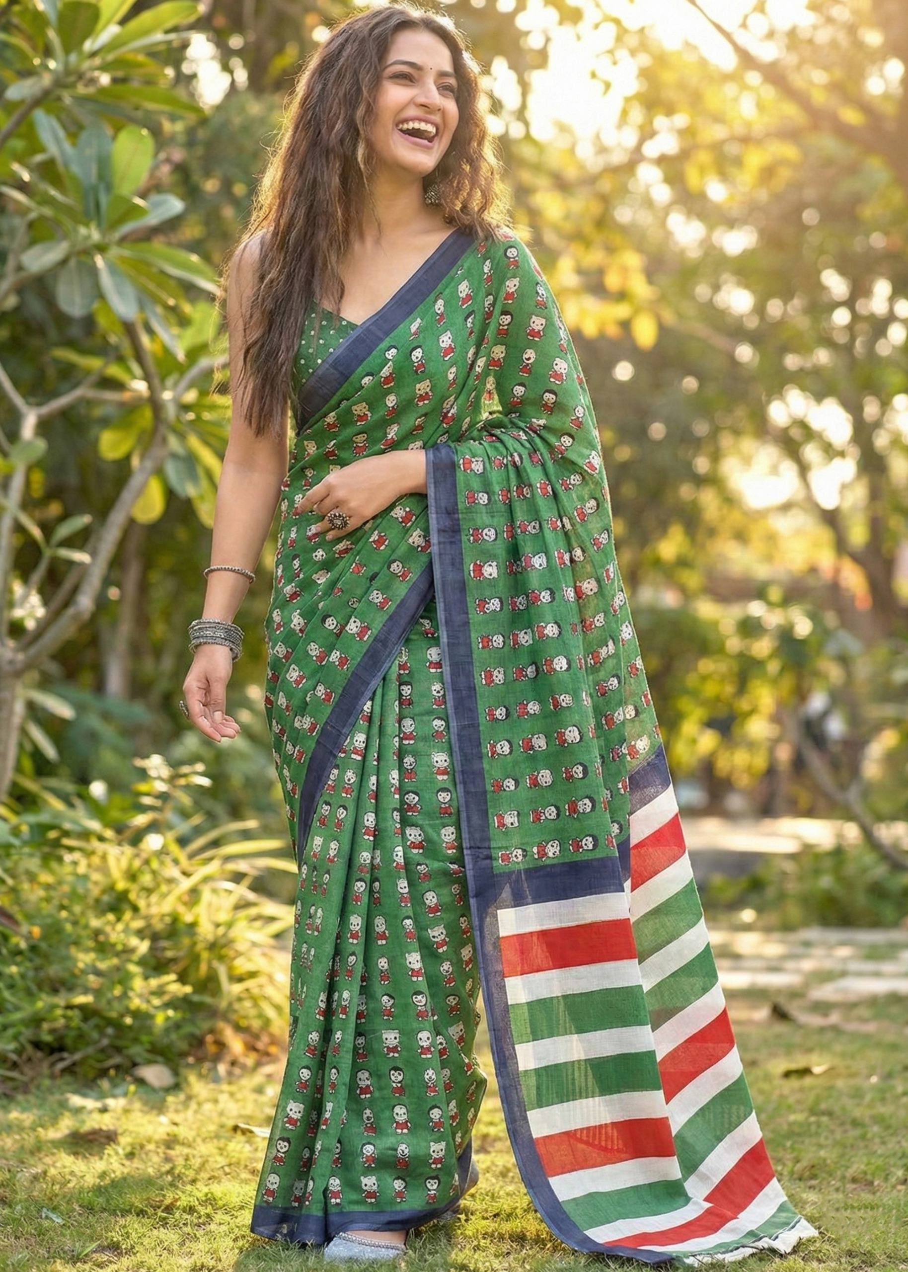 SOFT PURE  MULMUL COTTON FANCY BAGRU BLOCK PRINT GREEN SAREE WITH BLOUSE