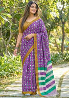 SOFT PURE  MULMUL COTTON FANCY BAGRU BLOCK PRINT PURPLE SAREE WITH BLOUSE