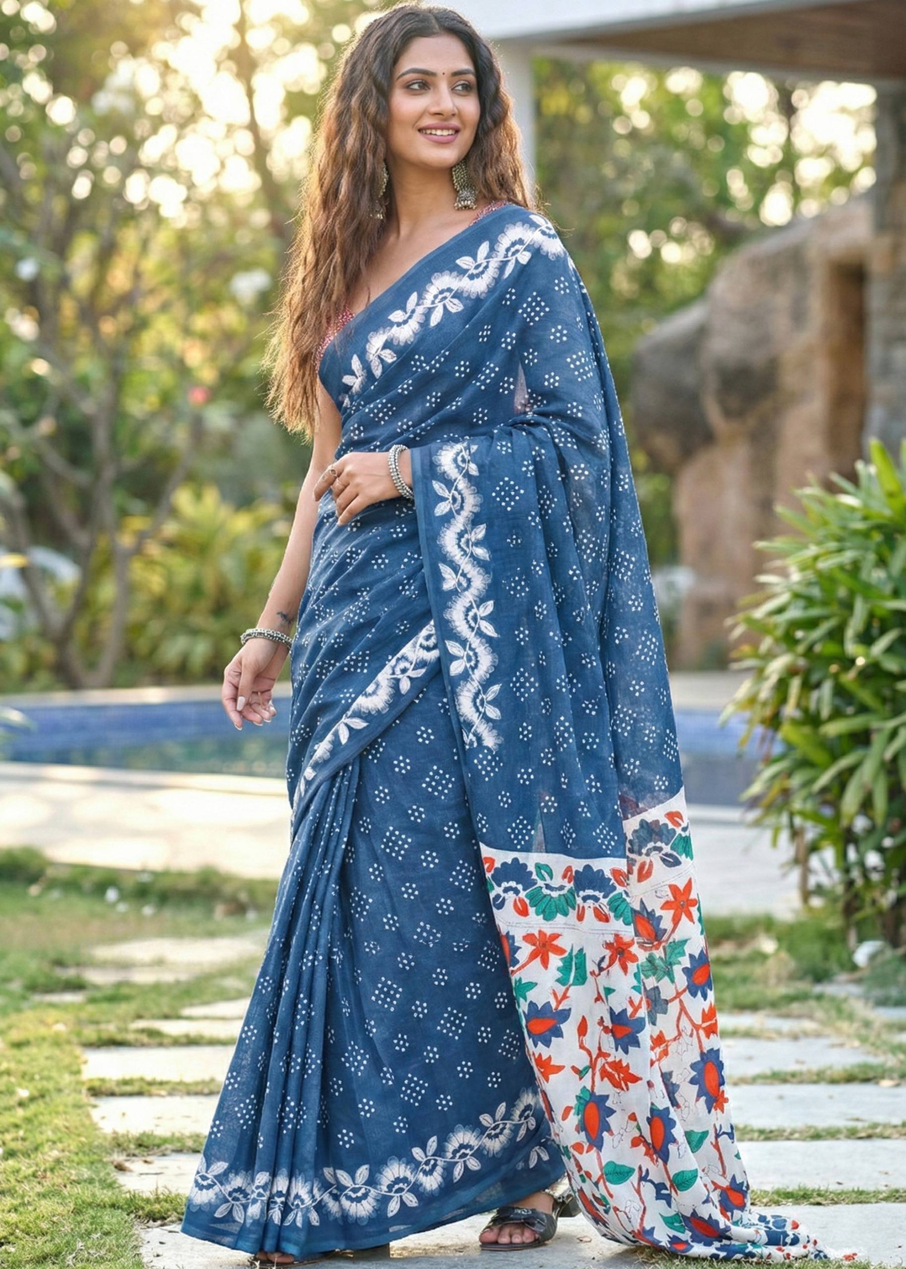 SOFT PURE MULMUL COTTON FANCY BAGRU BLOCK PRINT BLUE SAREE WITH BLOUSE