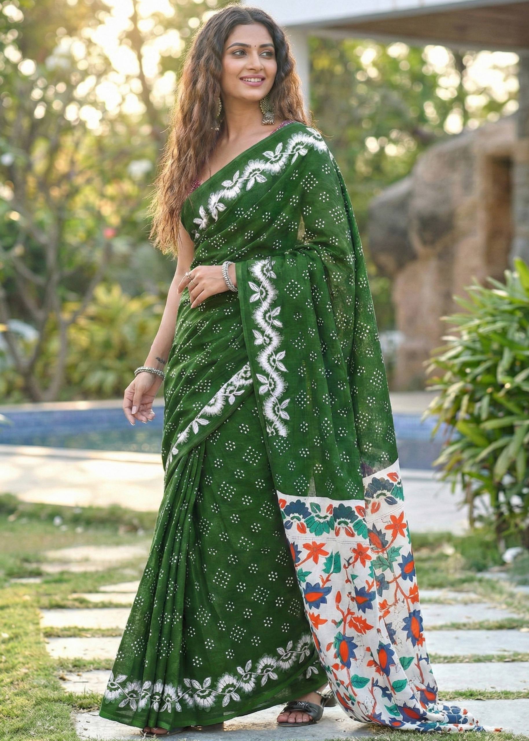 SOFT PURE MULMUL COTTON FANCY BAGRU BLOCK PRINT GREEN SAREE WITH BLOUSE