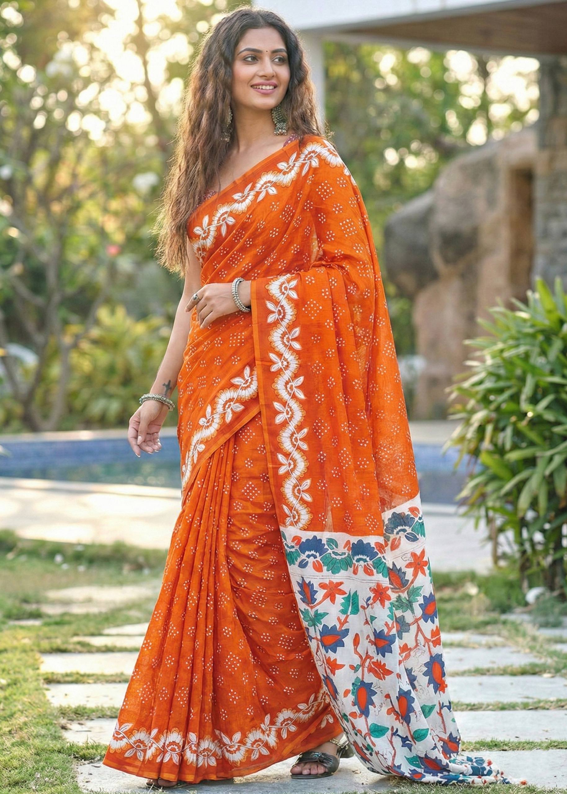 SOFT PURE MULMUL COTTON FANCY BAGRU BLOCK PRINT ORANGE SAREE WITH BLOUSE