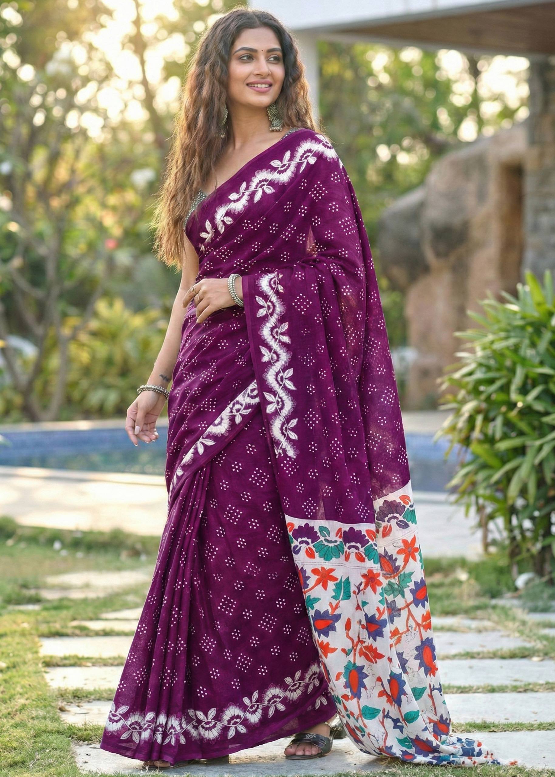 SOFT PURE MULMUL COTTON FANCY BAGRU BLOCK PRINT PURPLE SAREE WITH BLOUSE