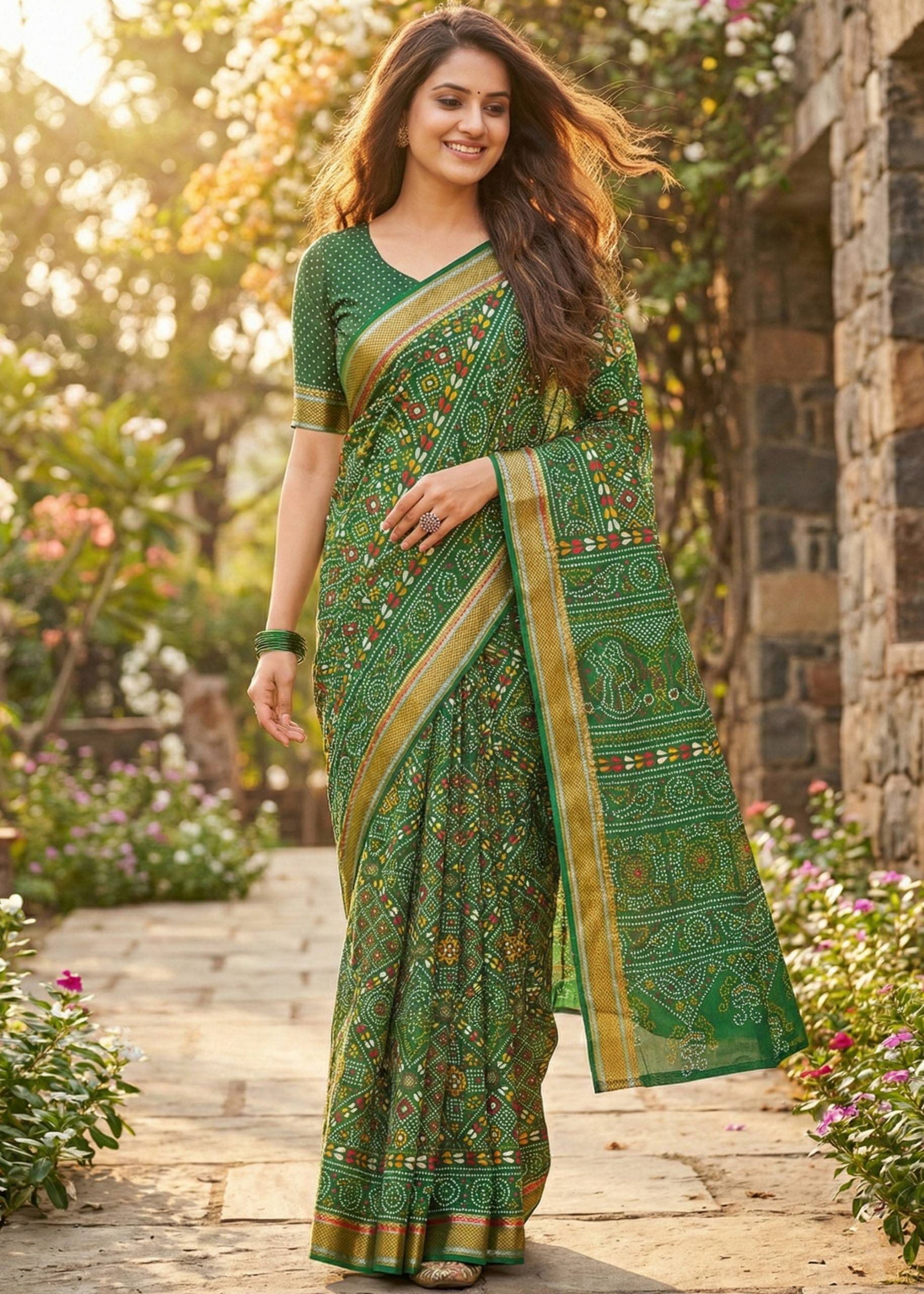 PURE MULMUL COTTON HAND BLOCK BANDHANI PRINT WITH HEVAY ZARI BORDER GREEN SAREE WITH BLOUSE