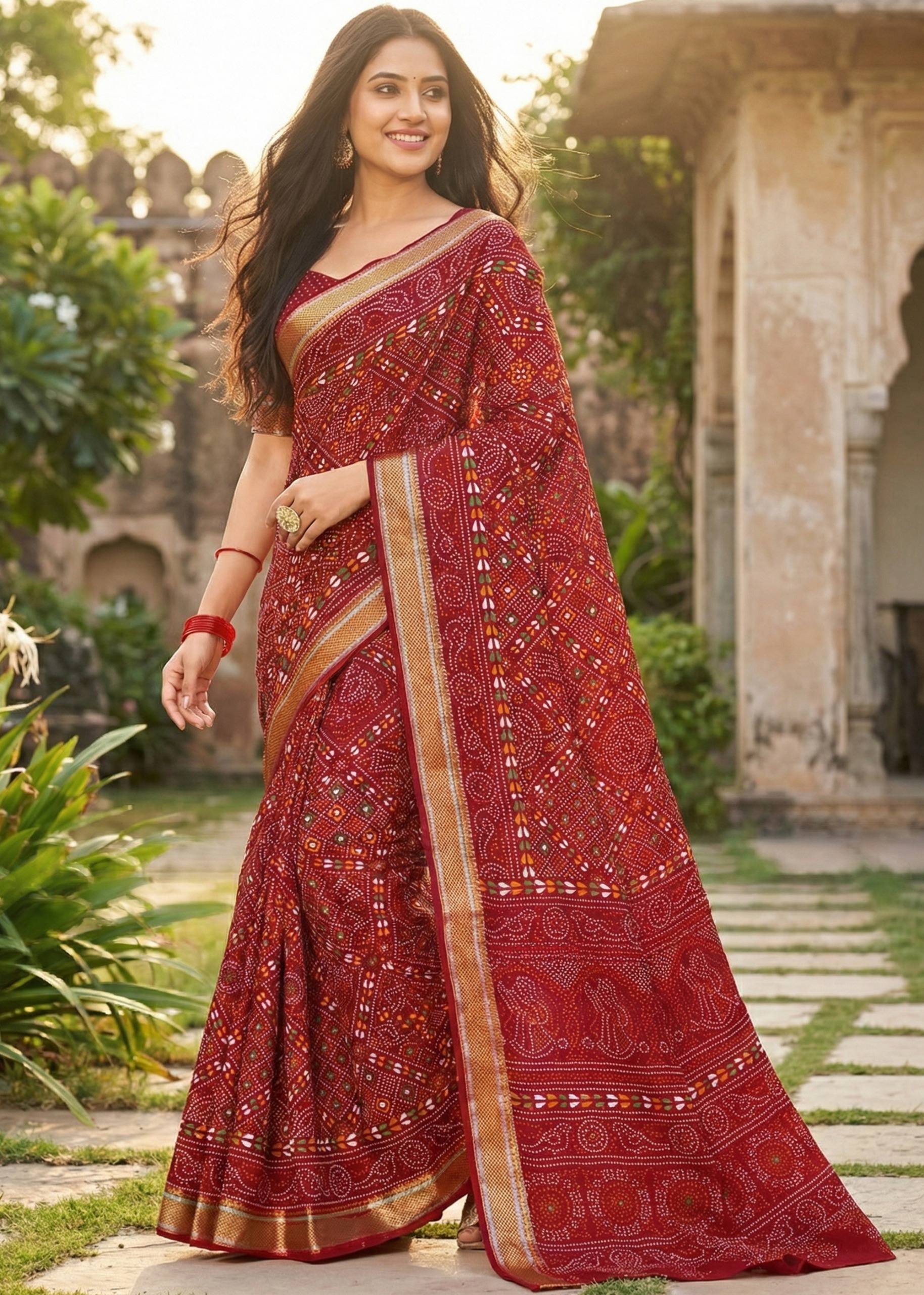 PURE MULMUL COTTON HAND BLOCK BANDHANI PRINT WITH HEVAY ZARI BORDER MAROON SAREE WITH BLOUSE