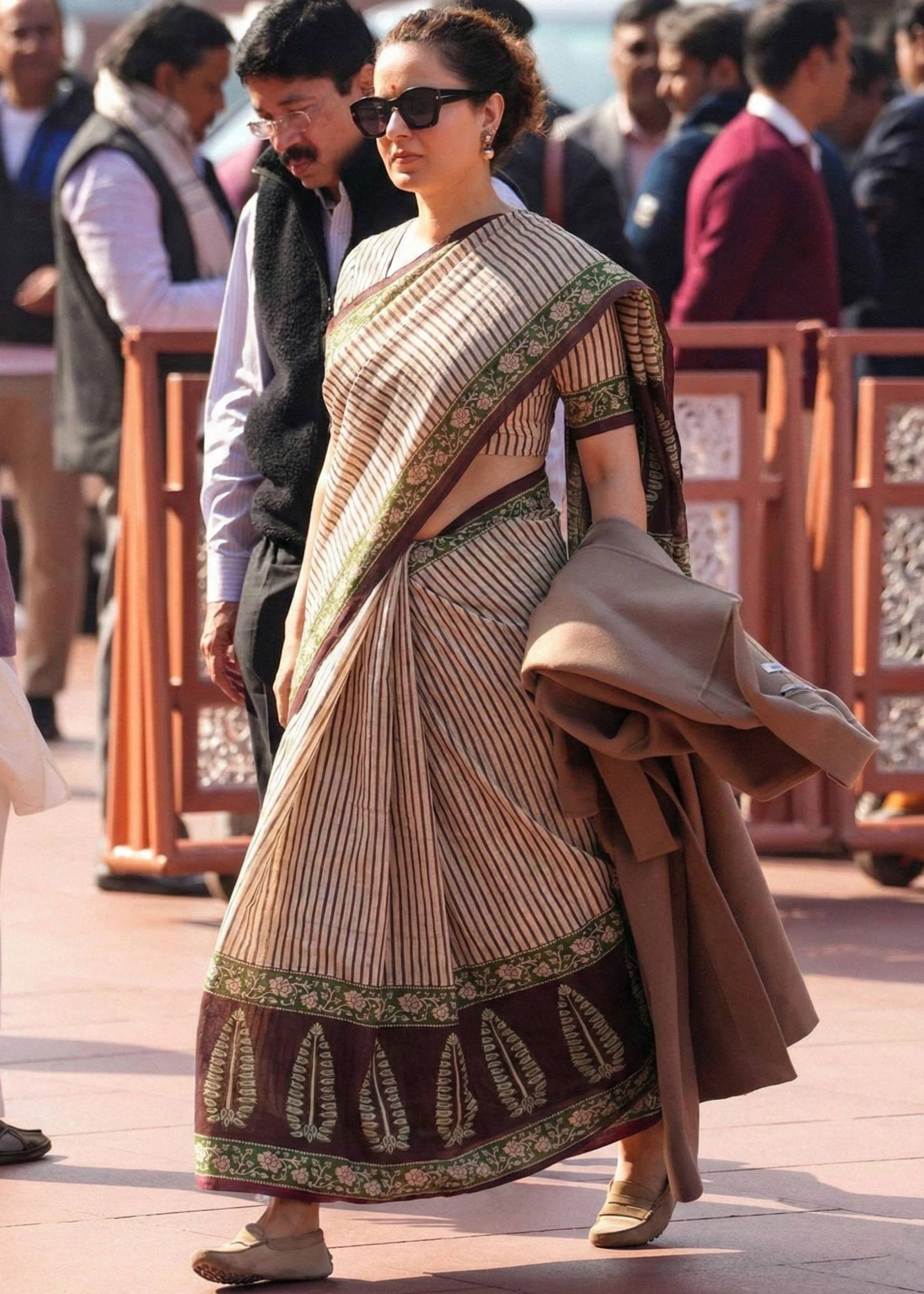 SOFT PURE COTTON HAND BAGRU BLOCK PRINT BEIGE AND GREEN SAREE WITH BLOUSE