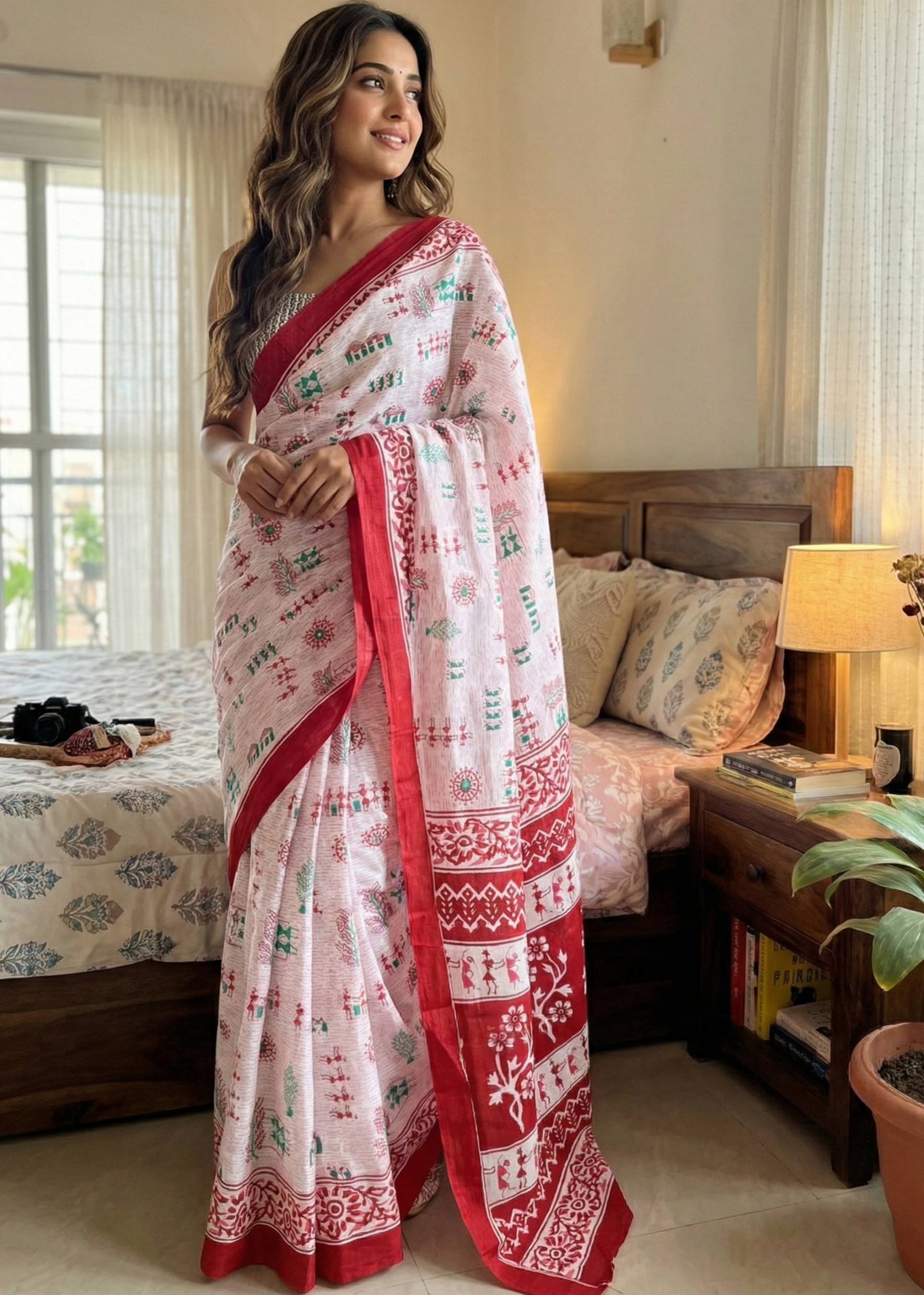 SOFT PURE COTTON JAIPURI BLOCK PRINT WHITE SAREE WITH BLOUSE