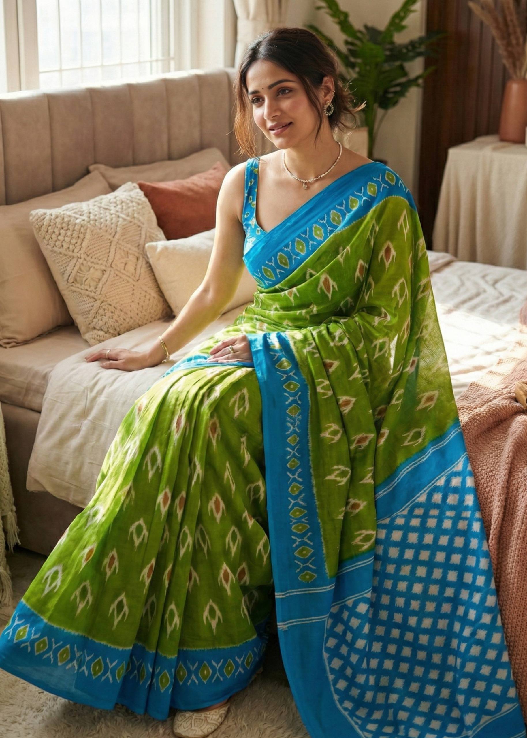 SOFT PURE COTTON JAIPURI BLOCK PRINT GREEN SAREE WITH BLOUSE
