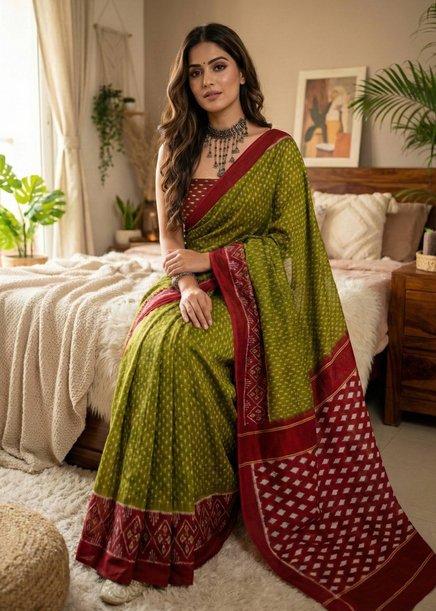 SOFT PURE COTTON JAIPURI BLOCK PRINT GREEN AND MAROON SAREE WITH BLOUSE