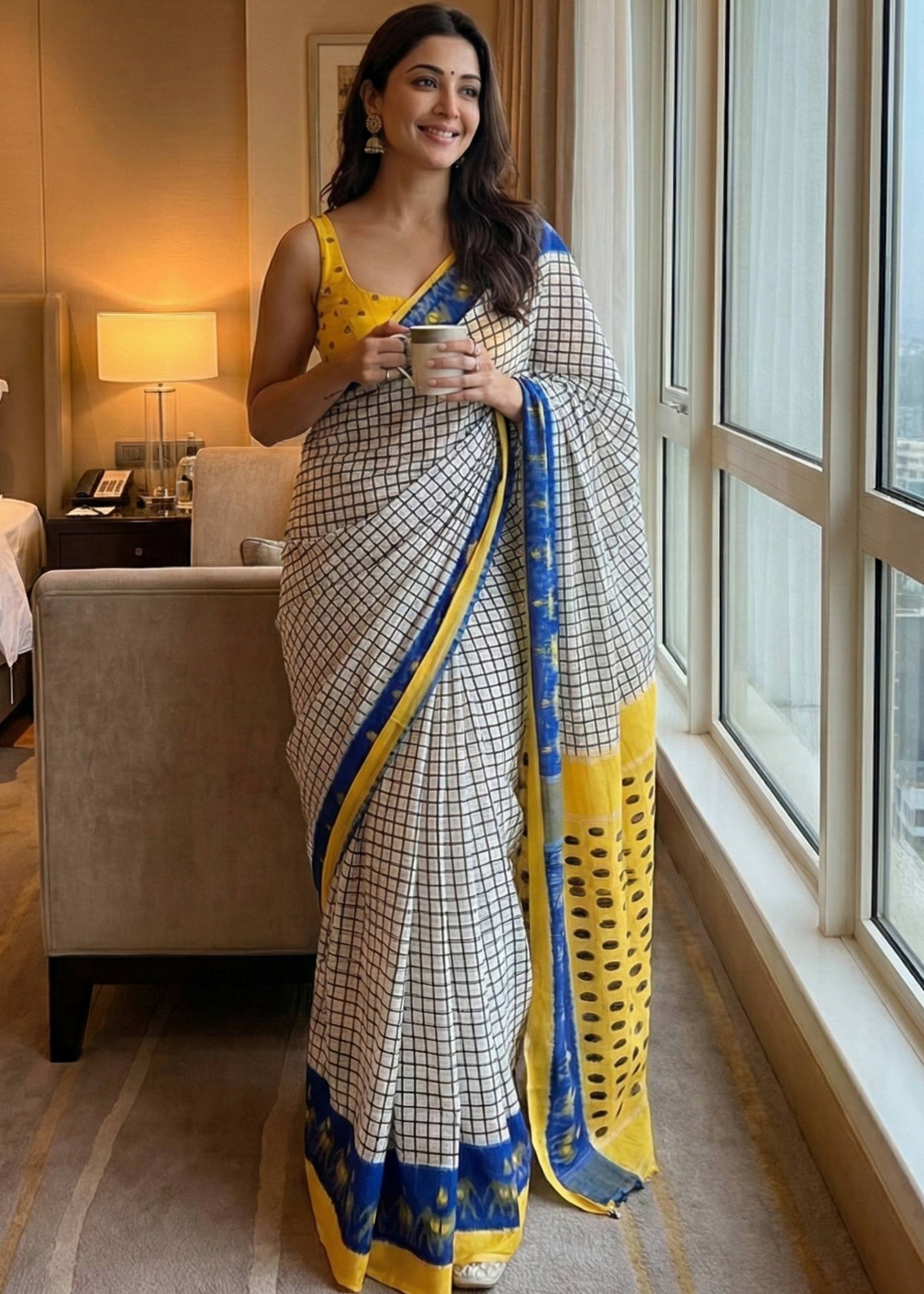 SOFT PURE COTTON JAIPURI BLOCK PRINT WHITE AND YELLOW SAREE WITH BLOUSE
