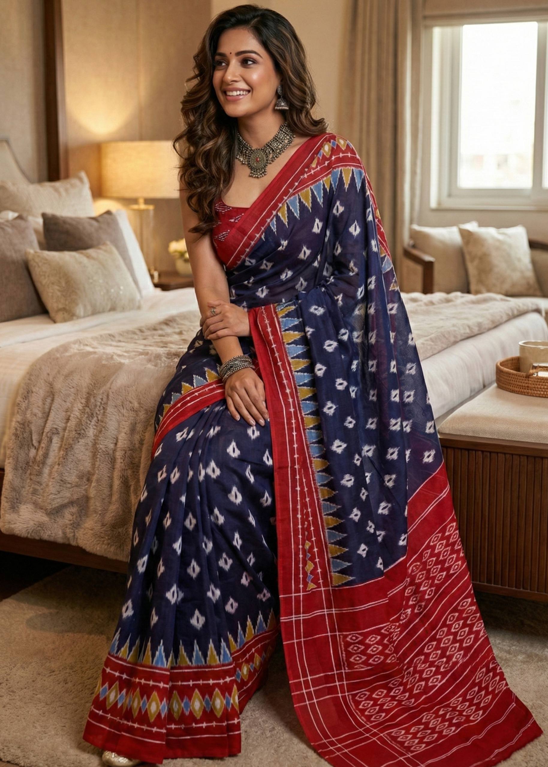 SOFT PURE COTTON JAIPURI BLOCK PRINT NEVY BLUE SAREE WITH BLOUSE