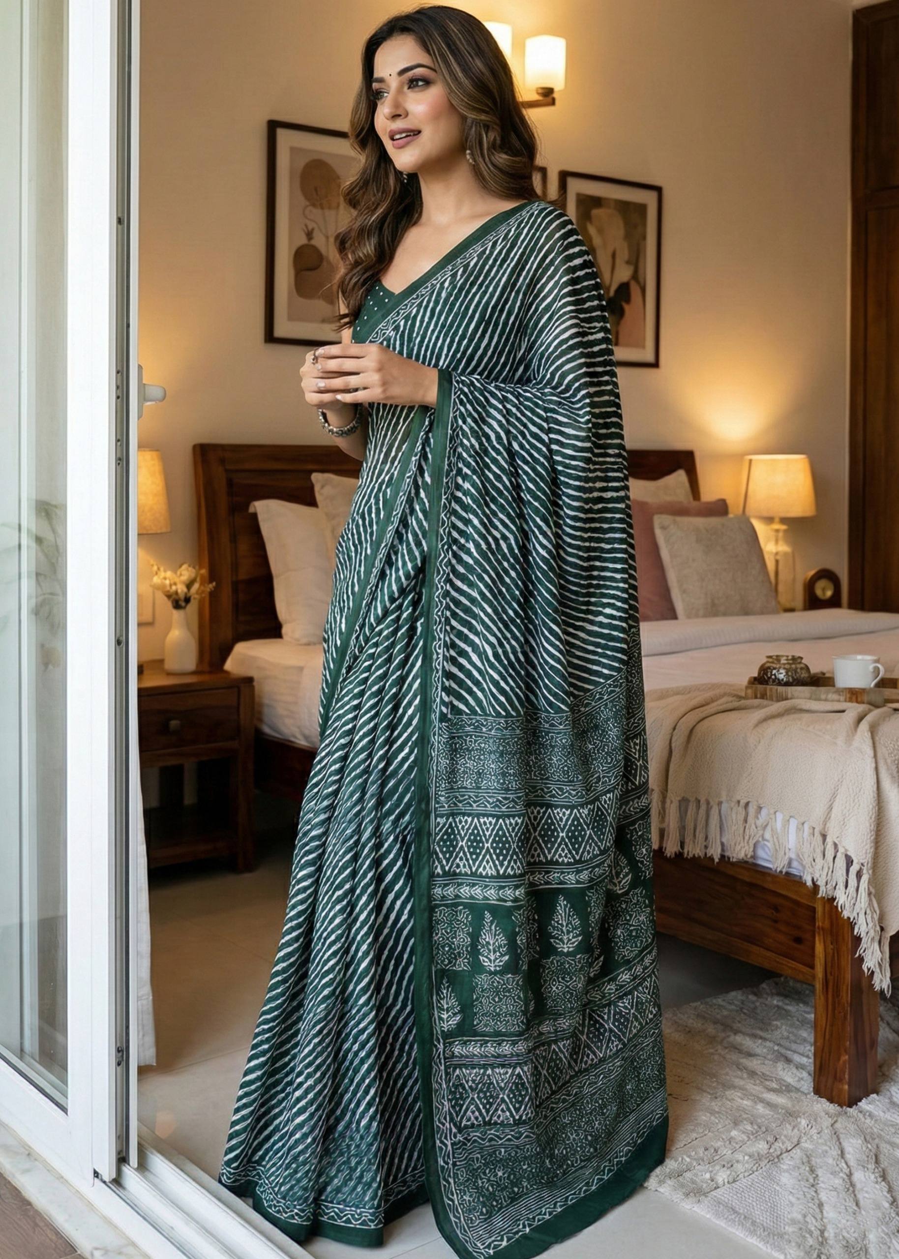 SOFT PURE COTTON JAIPURI BLOCK PRINT GREEN SAREE WITH BLOUSE