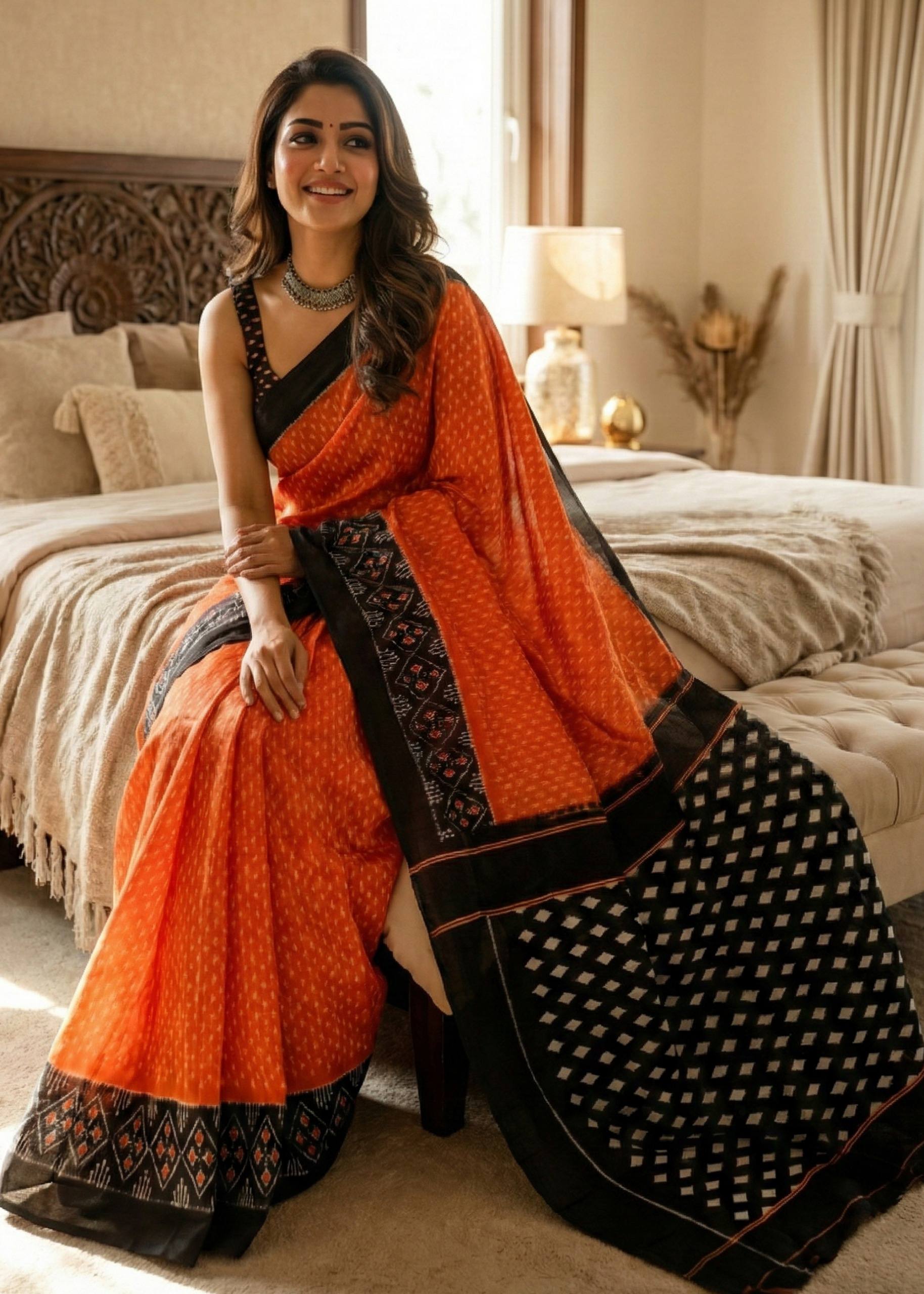 SOFT PURE COTTON JAIPURI BLOCK PRINT ORANGE SAREE WITH BLOUSE