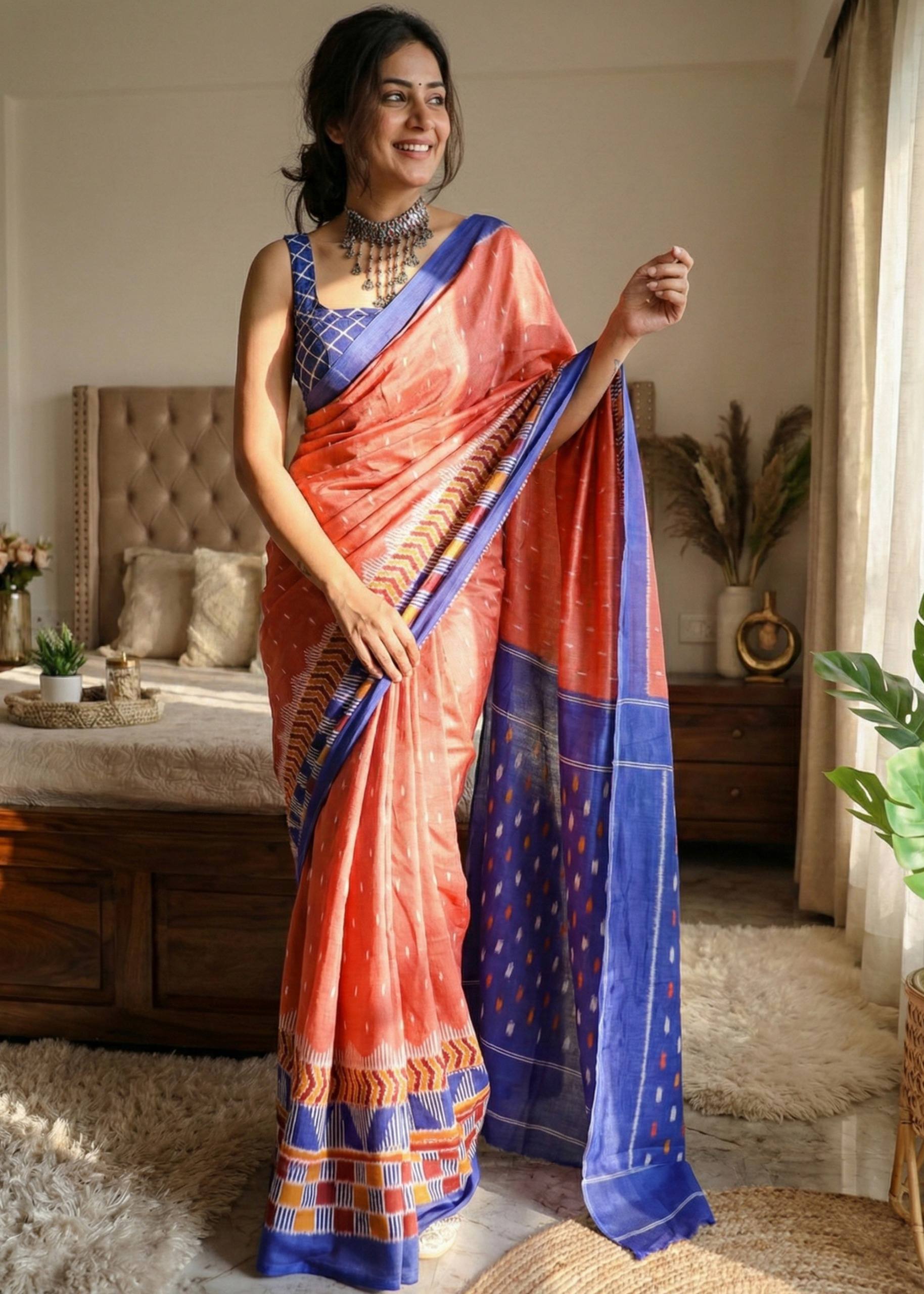 SOFT PURE COTTON JAIPURI BLOCK PRINT RUST ORANGE SAREE WITH BLOUSE
