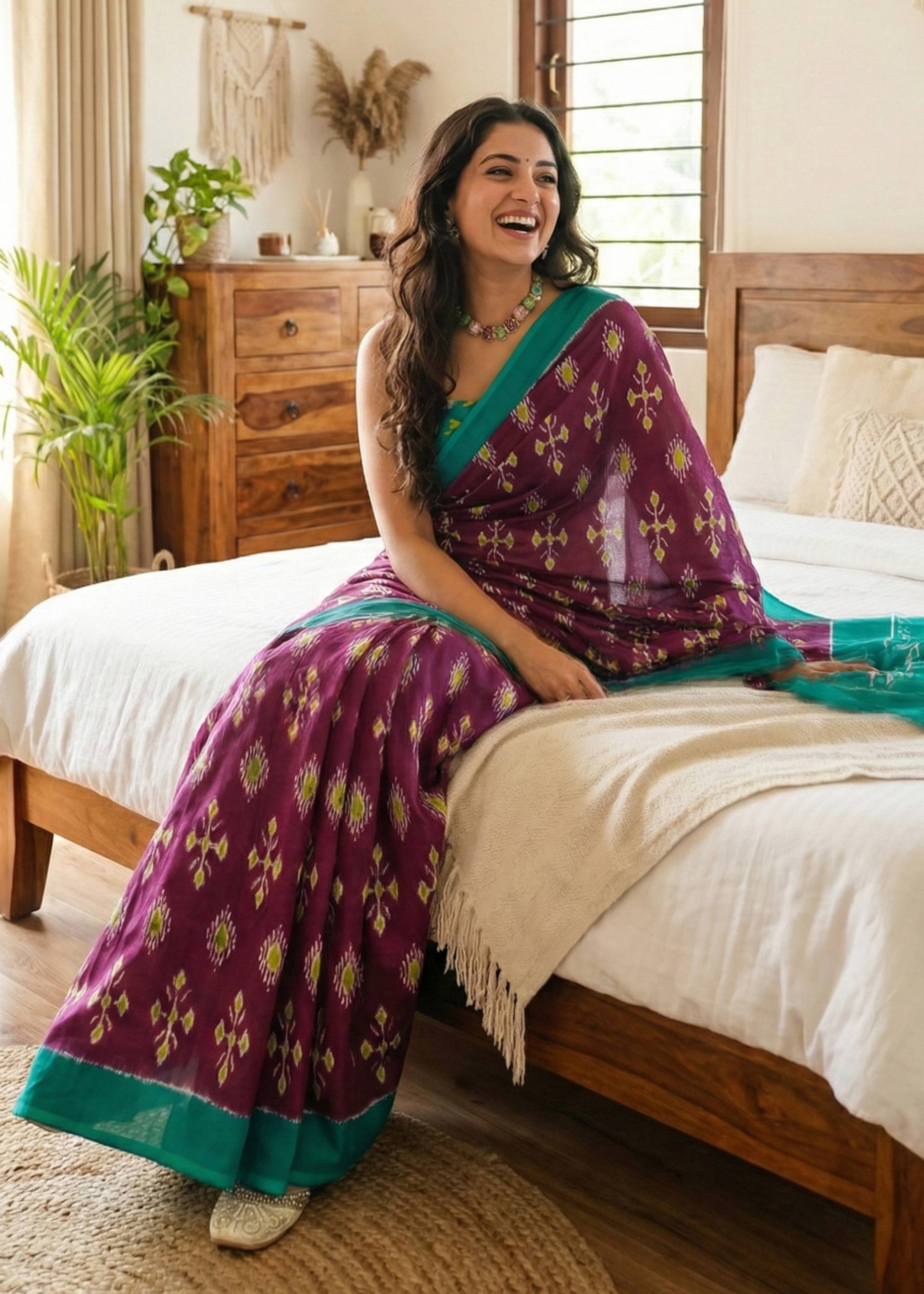 SOFT PURE COTTON JAIPURI BLOCK PRINT PURPLE SAREE WITH BLOUSE