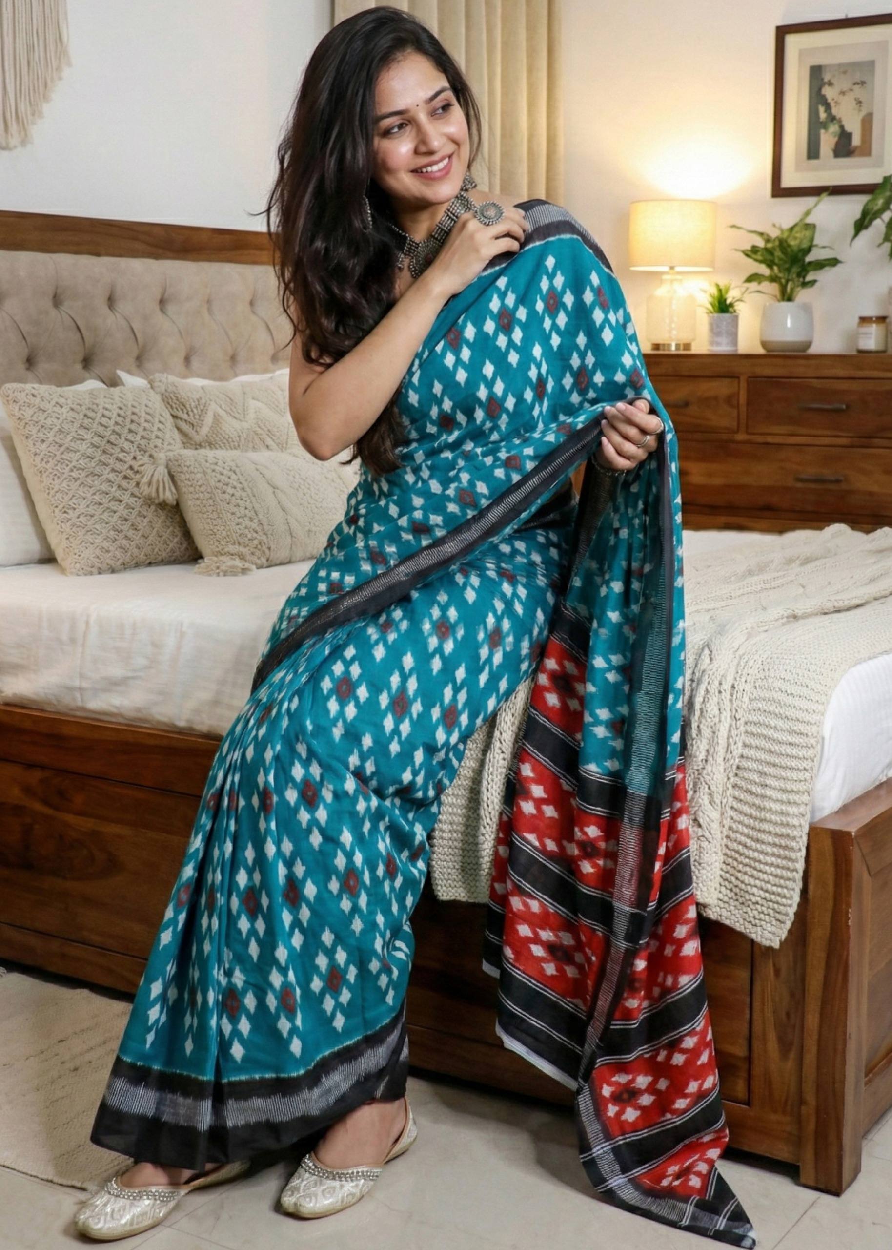 SOFT PURE COTTON JAIPURI BLOCK PRINT SKY BLUE SAREE WITH BLOUSE