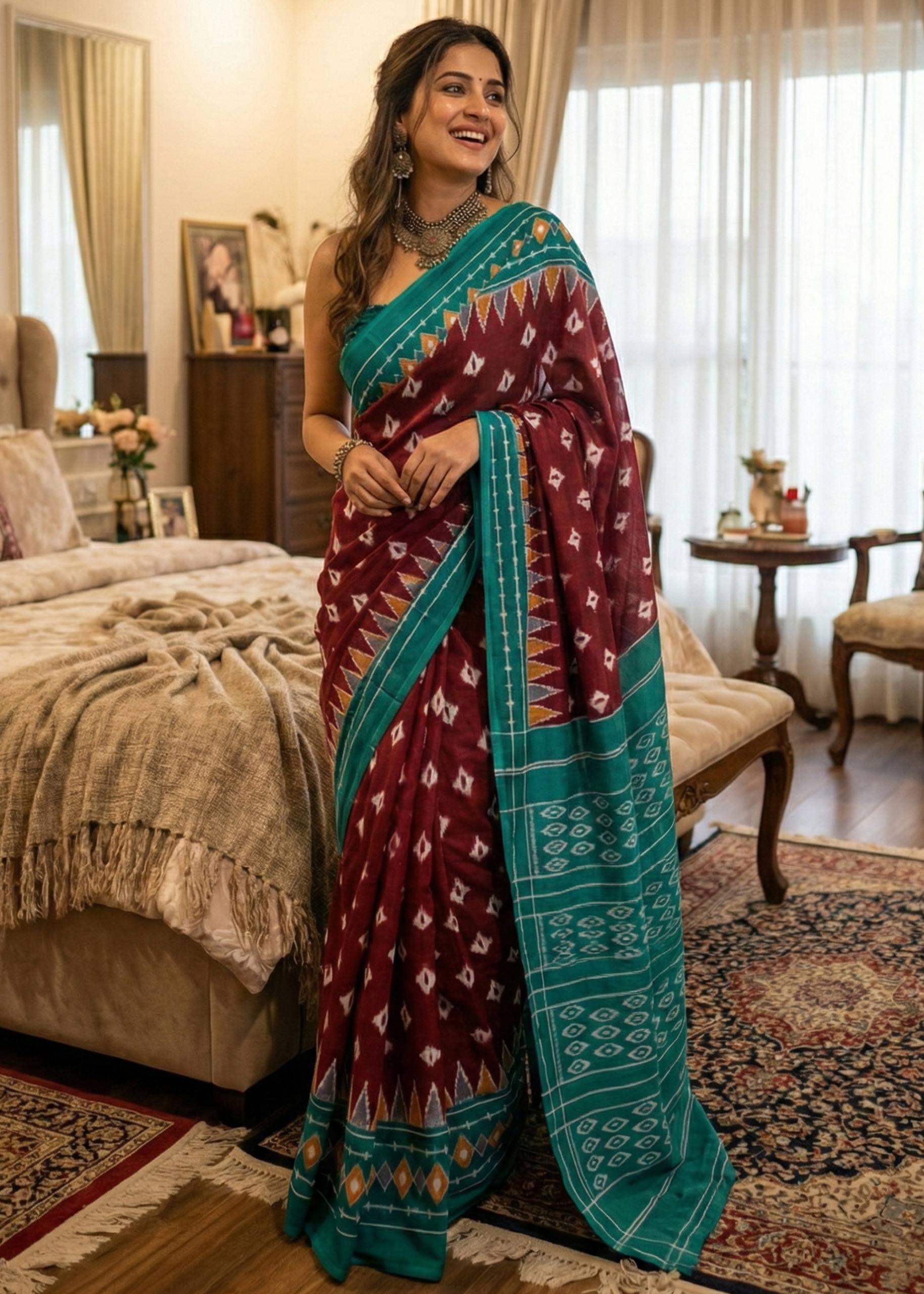 SOFT PURE COTTON JAIPURI BLOCK PRINT MAROON SAREE WITH BLOUSE