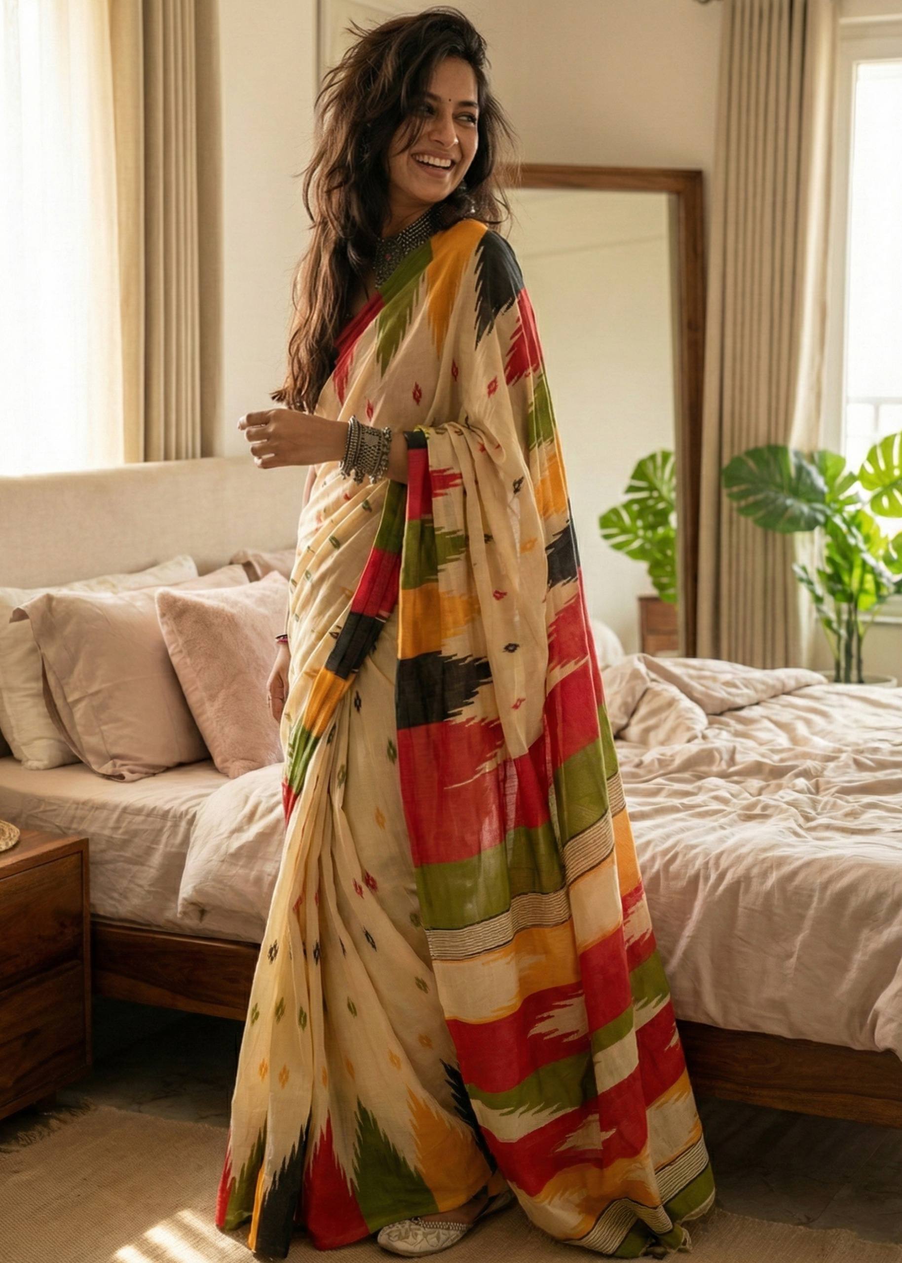 SOFT PURE COTTON JAIPURI BLOCK PRINT CREAME SAREE WITH BLOUSE