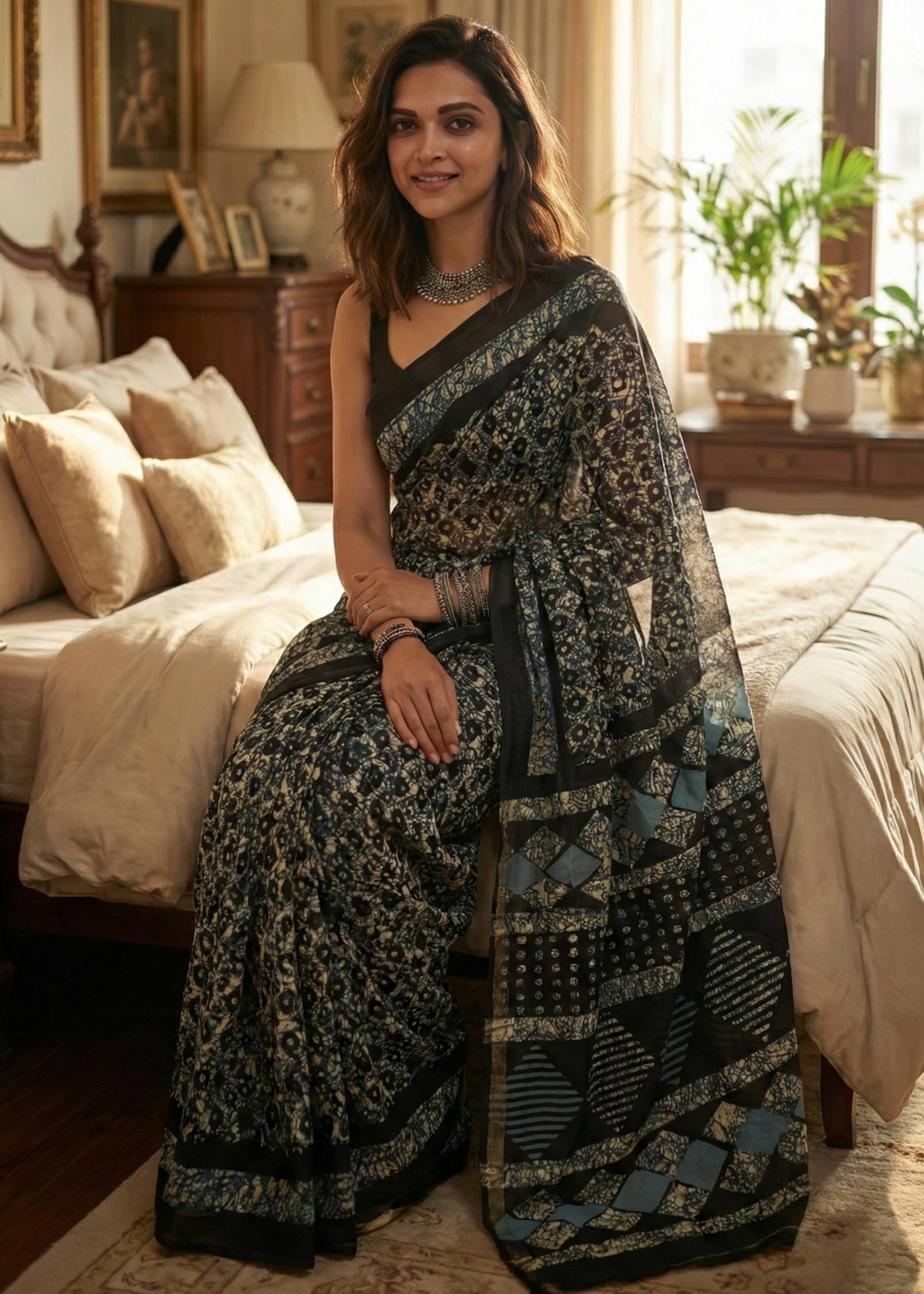 SOFT PURE COTTON JAIPURI BLOCK PRINT BLACK SAREE WITH BLOUSE