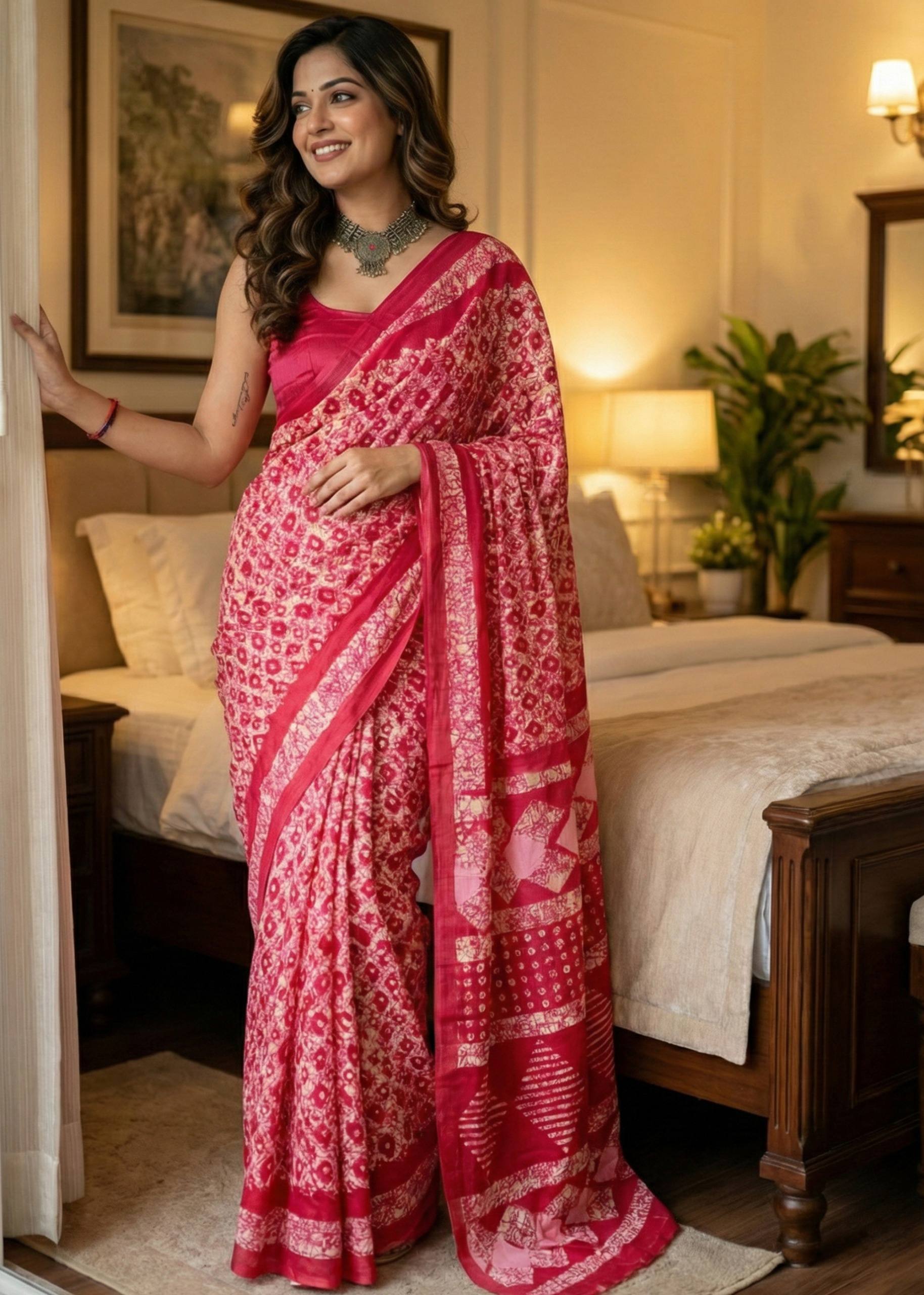 SOFT PURE COTTON JAIPURI BLOCK PRINT PINK SAREE WITH BLOUSE