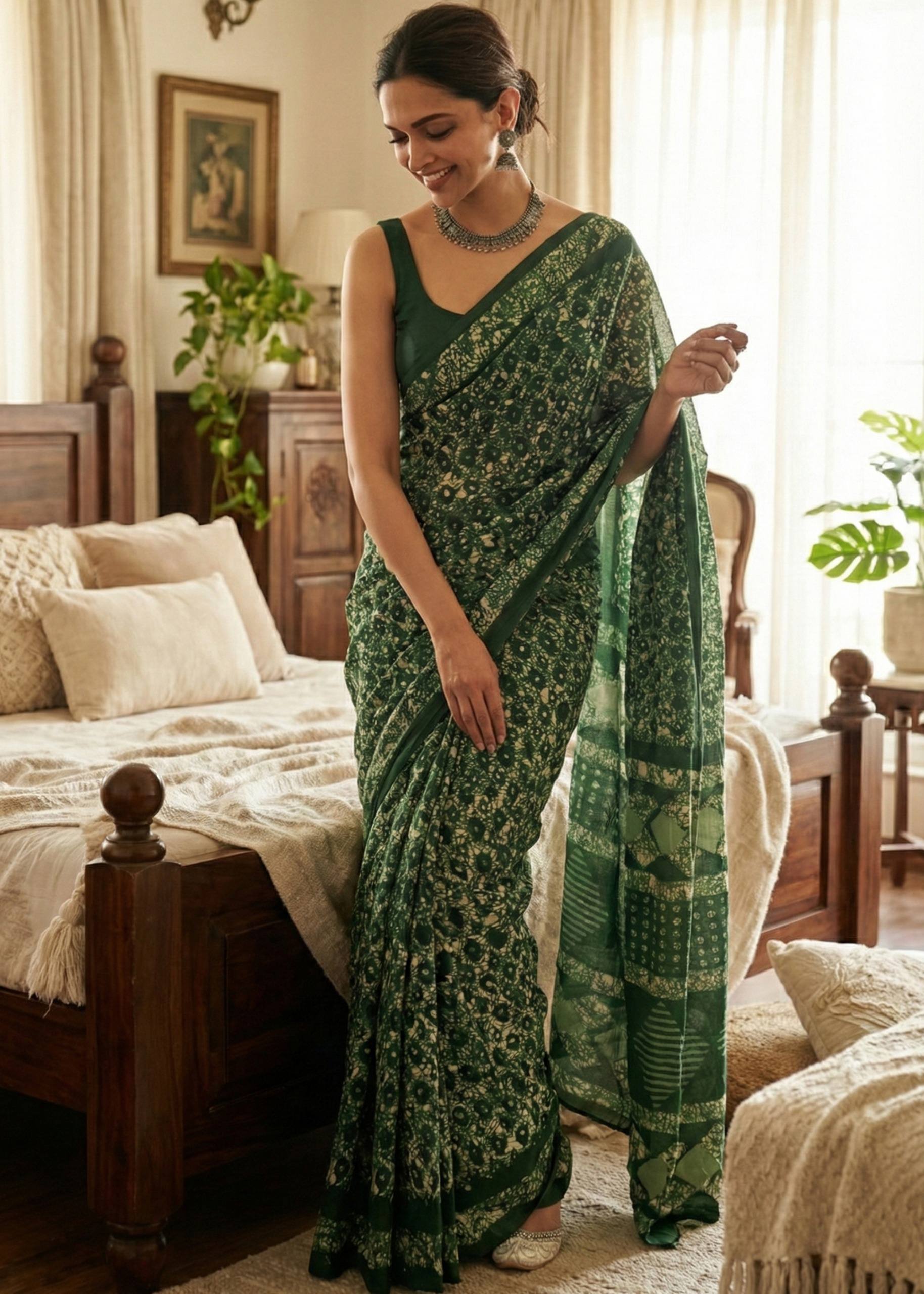 SOFT PURE COTTON JAIPURI BLOCK PRINT GREEN SAREE WITH BLOUSE