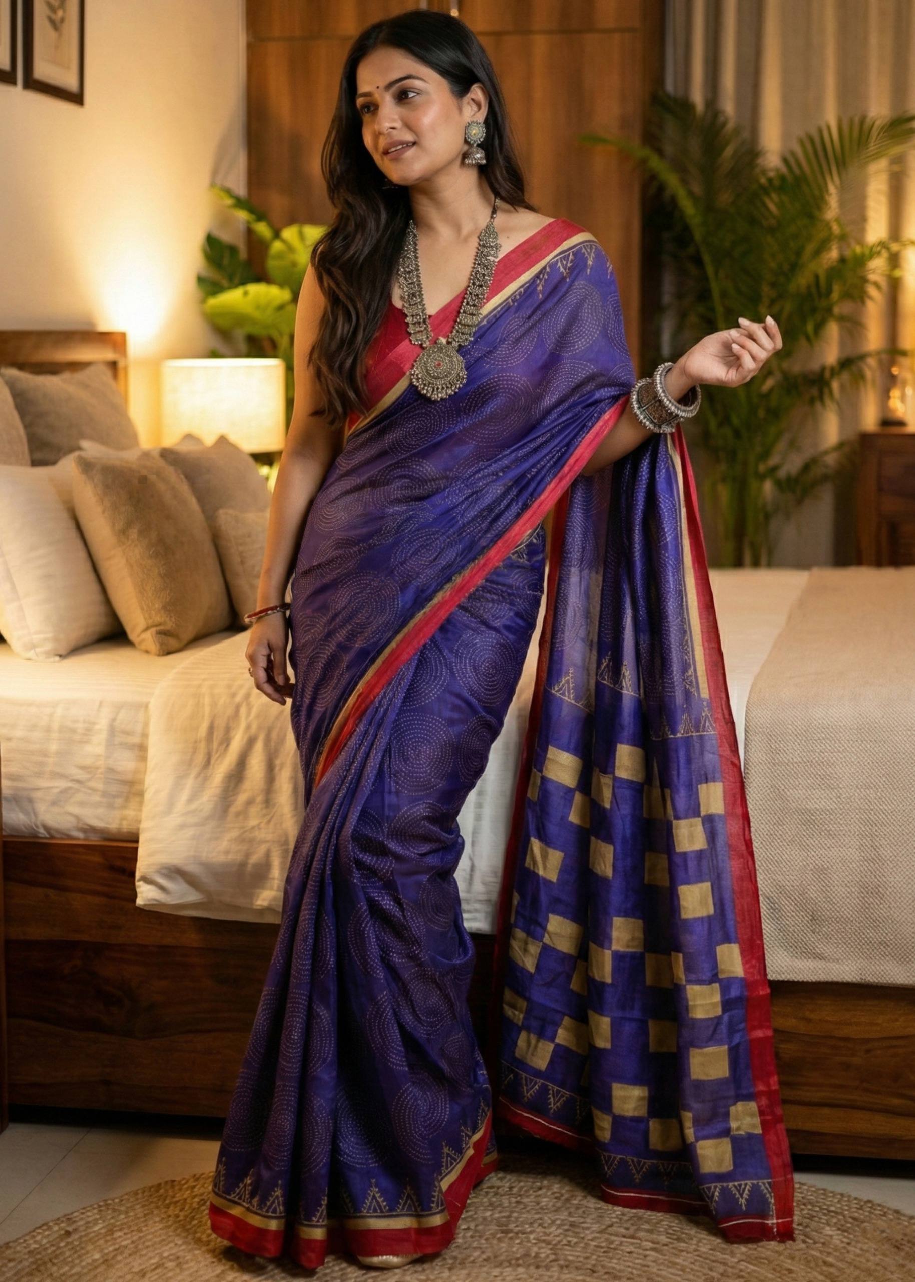 SOFT PURE COTTON JAIPURI BLOCK PRINT NEVY BLUE SAREE WITH BLOUSE