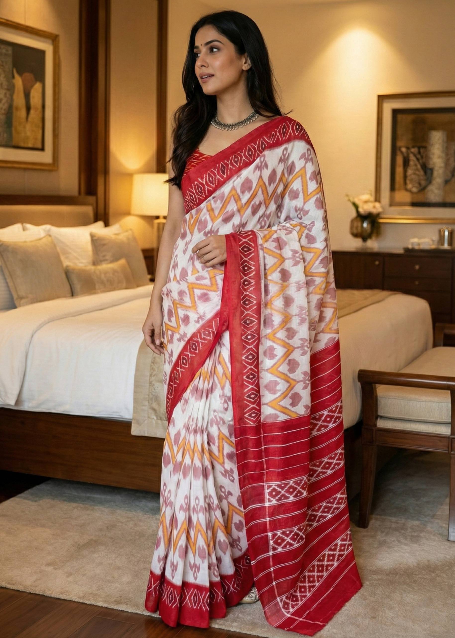 SOFT PURE COTTON JAIPURI BLOCK PRINT WHITE AND RED SAREE WITH BLOUSE