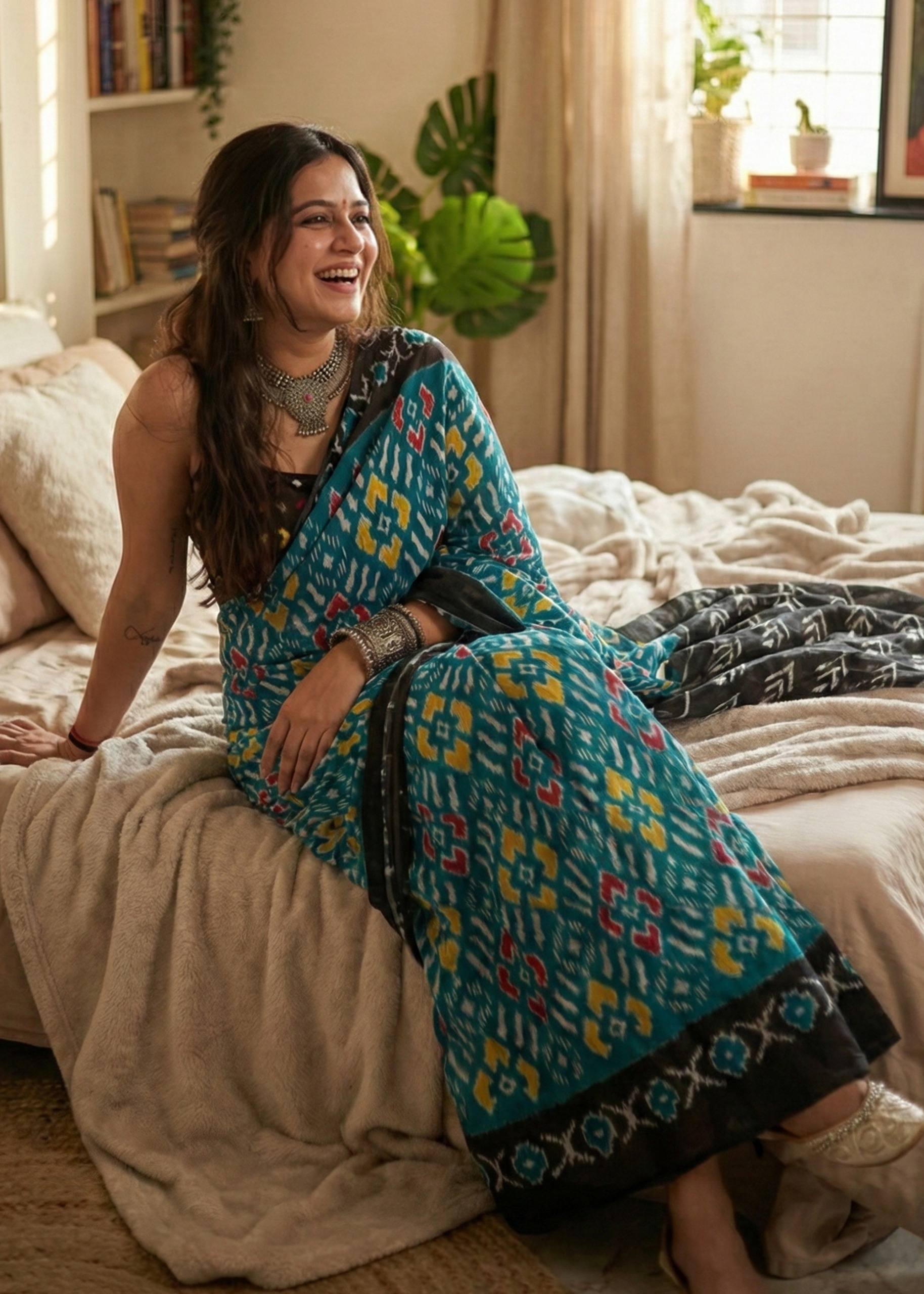 SOFT PURE COTTON JAIPURI BLOCK PRINT TEAL SAREE WITH BLOUSE