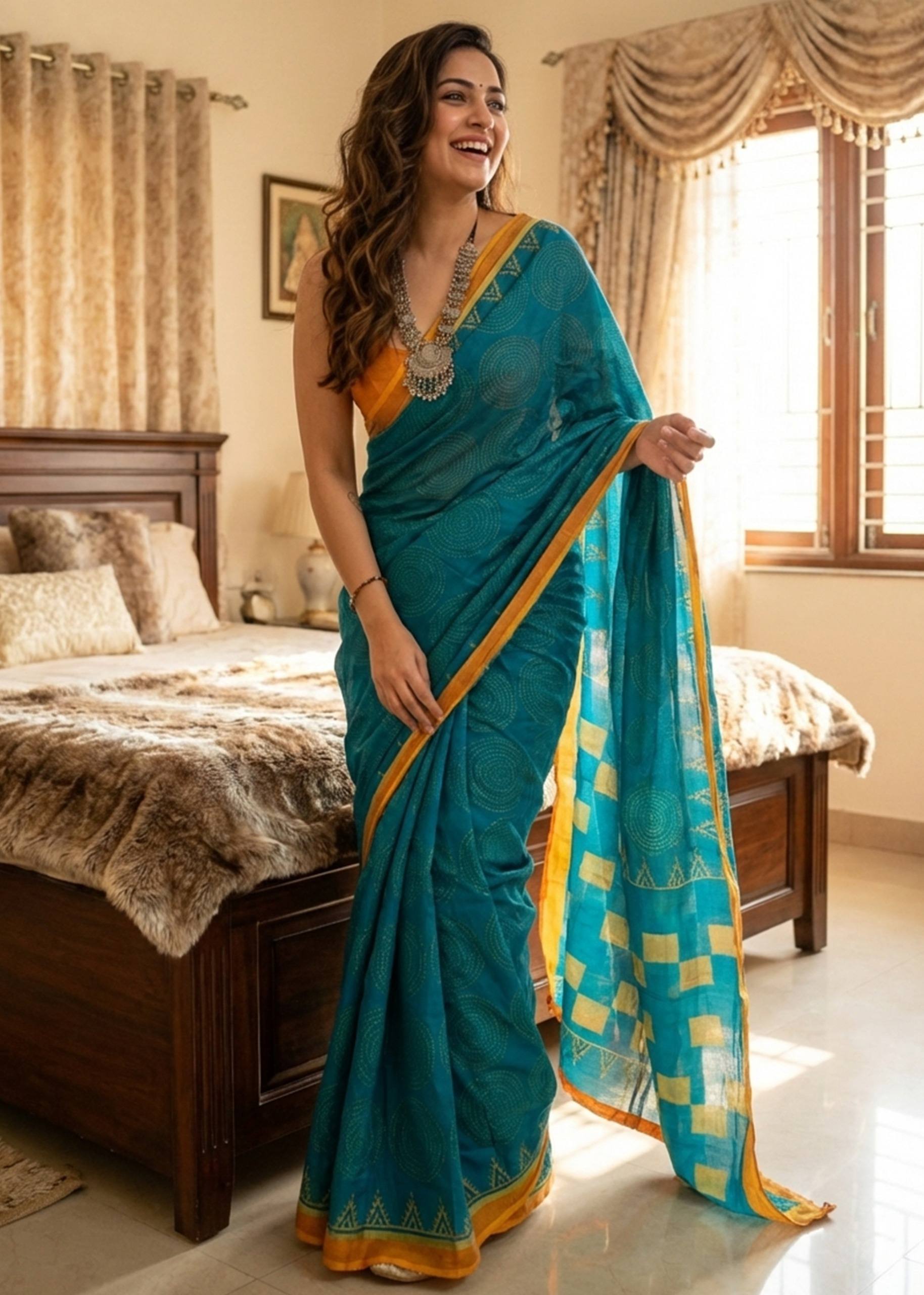 SOFT PURE COTTON JAIPURI BLOCK PRINT DARK TEAL SAREE WITH BLOUSE
