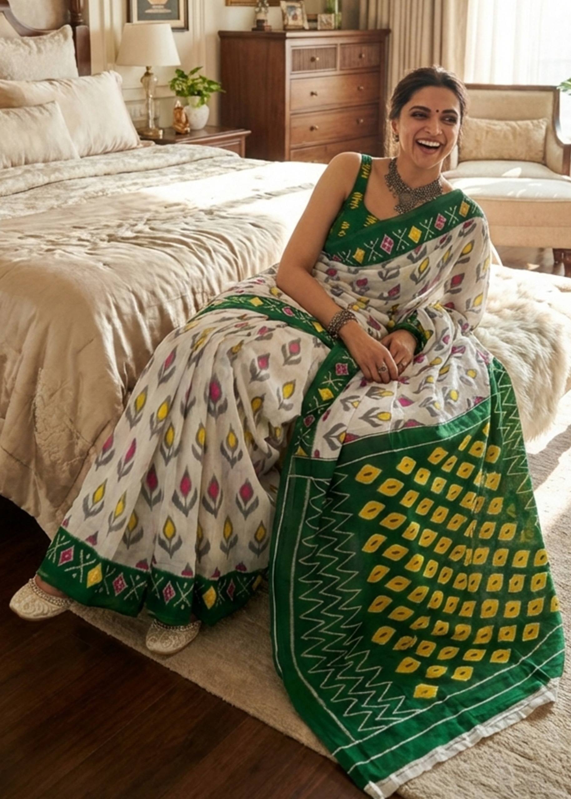 SOFT PURE COTTON JAIPURI BLOCK PRINT WHITE AND GREEN SAREE WITH BLOUSE