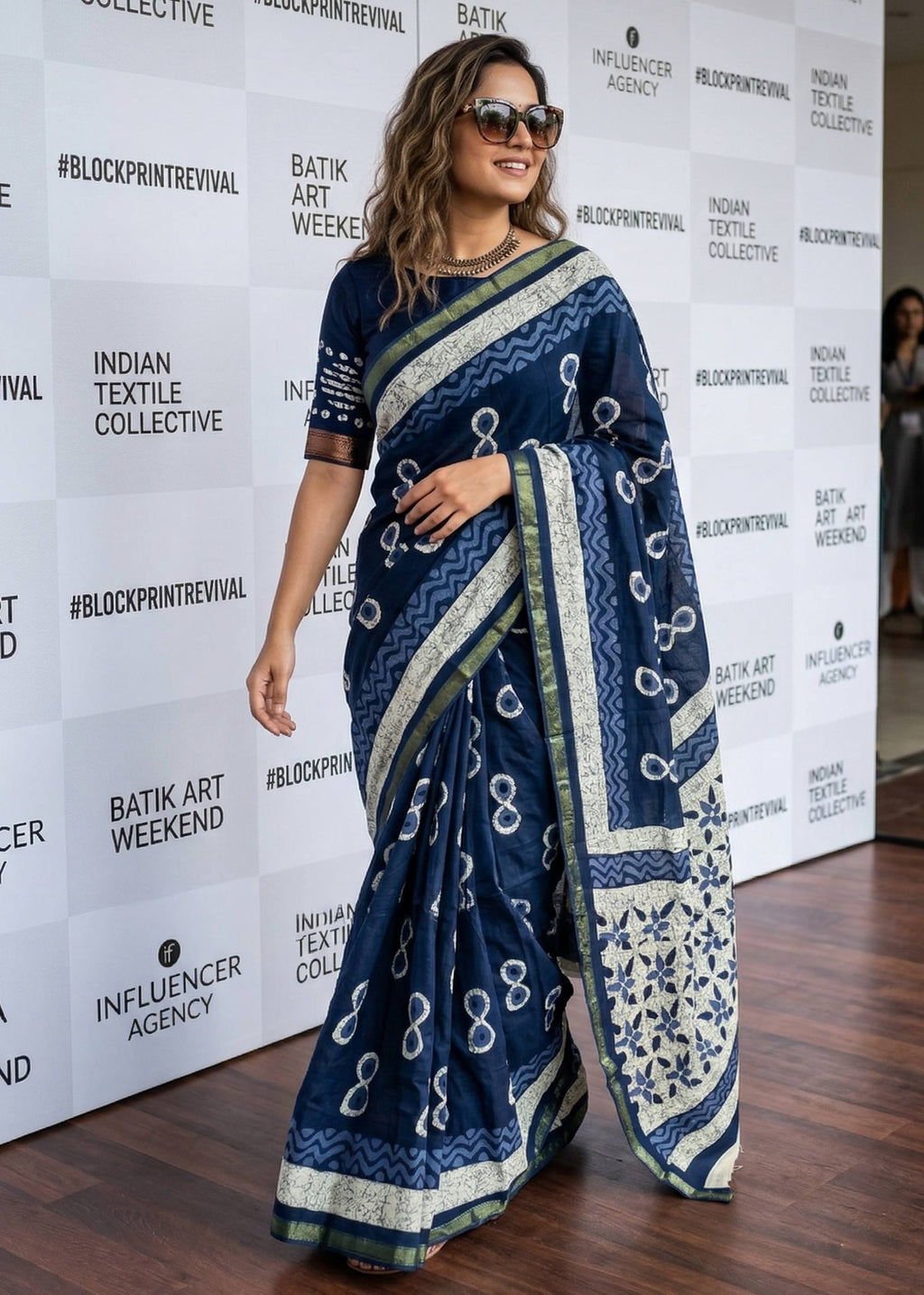 BAGRU BLOCK PRINT SOFT MASLIN COTTON WITH ZARI BORDER NEVY BLUE SAREE WITH BLOUSE