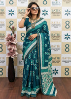 BAGRU BLOCK PRINT SOFT MASLIN COTTON WITH ZARI BORDER TEAL SAREE WITH BLOUSE