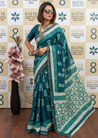 BAGRU BLOCK PRINT SOFT MASLIN COTTON WITH ZARI BORDER TEAL SAREE WITH BLOUSE
