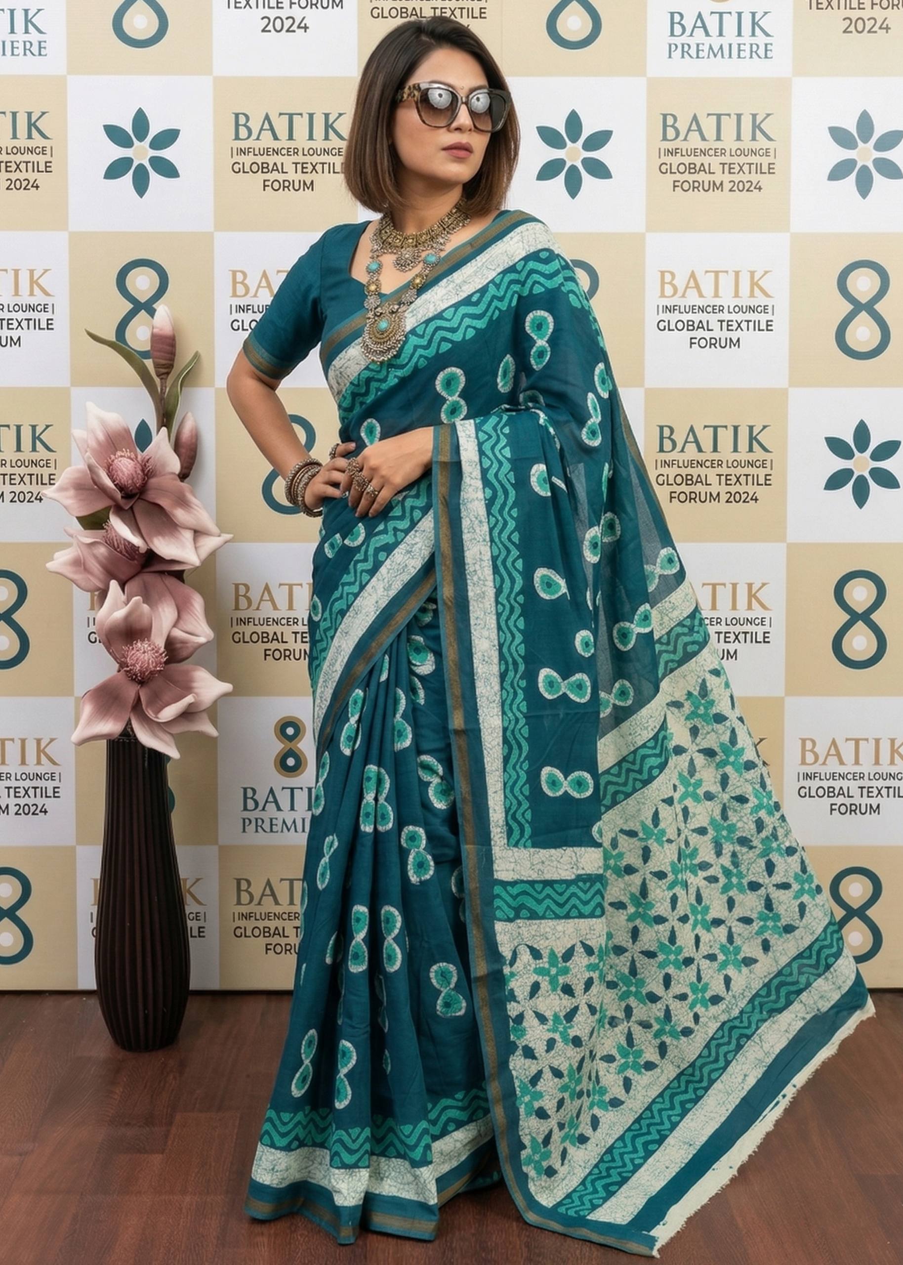 BAGRU BLOCK PRINT SOFT MASLIN COTTON WITH ZARI BORDER TEAL SAREE WITH BLOUSE