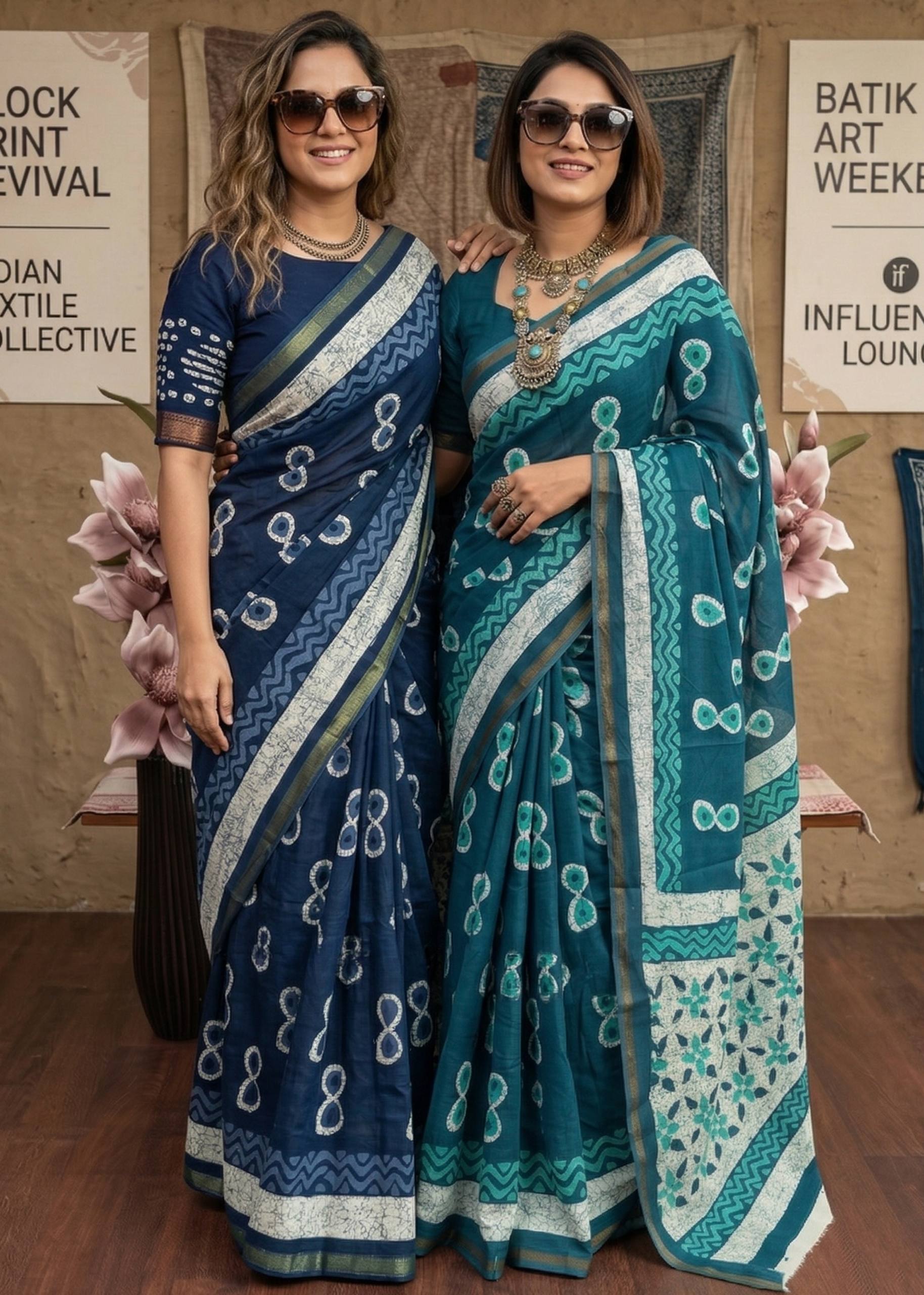 BAGRU BLOCK PRINT SOFT MASLIN COTTON WITH ZARI BORDER NEVY BLUE SAREE WITH BLOUSE