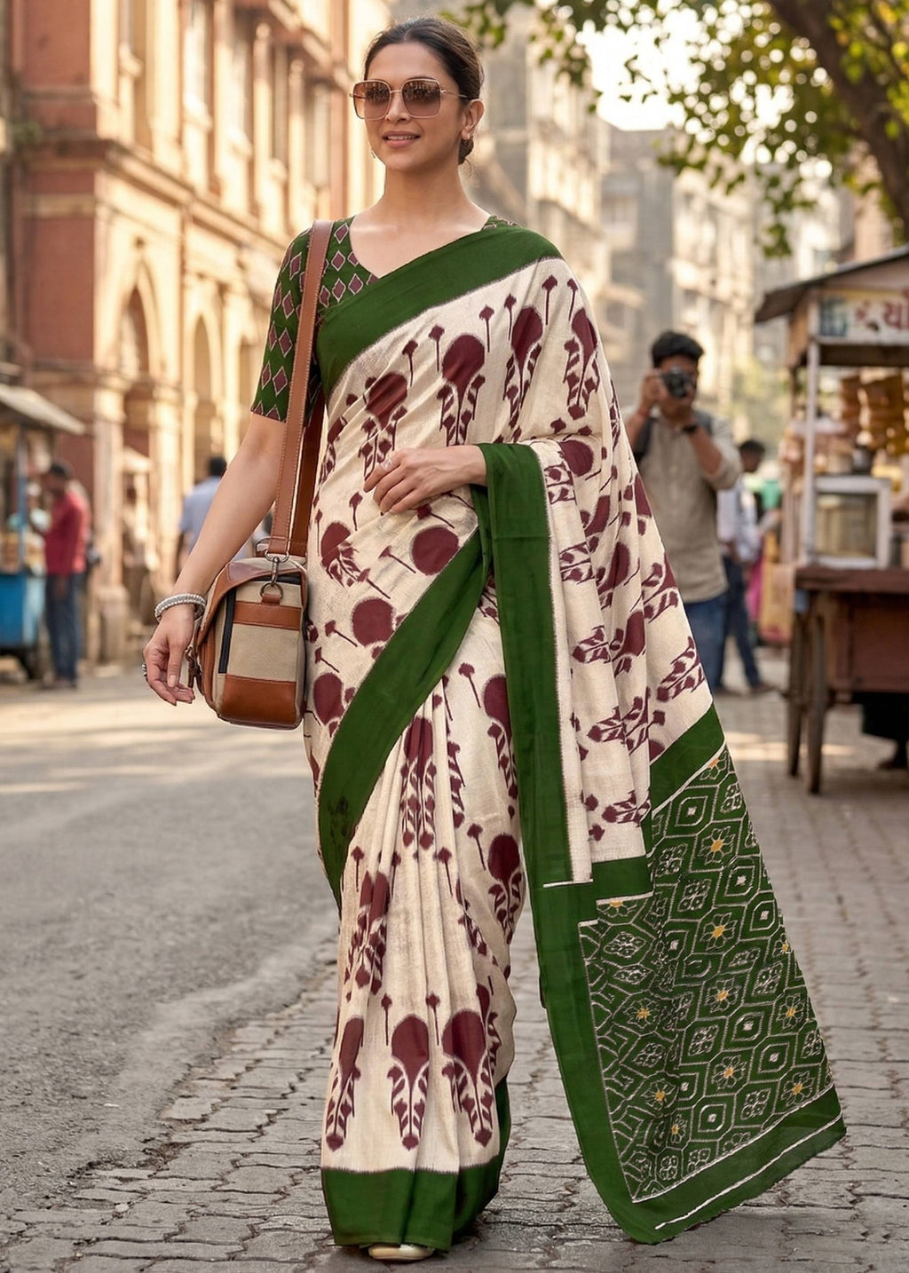 PURE SOFT MULMUL COTTON HAND BLOCK IKKAT PRINT GREEN SAREE WITH BLOUSE
