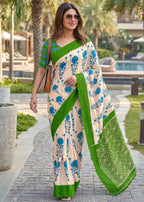 PURE SOFT MULMUL COTTON HAND BLOCK IKKAT PRINT GREEN AND BLUE SAREE WITH BLOUSE