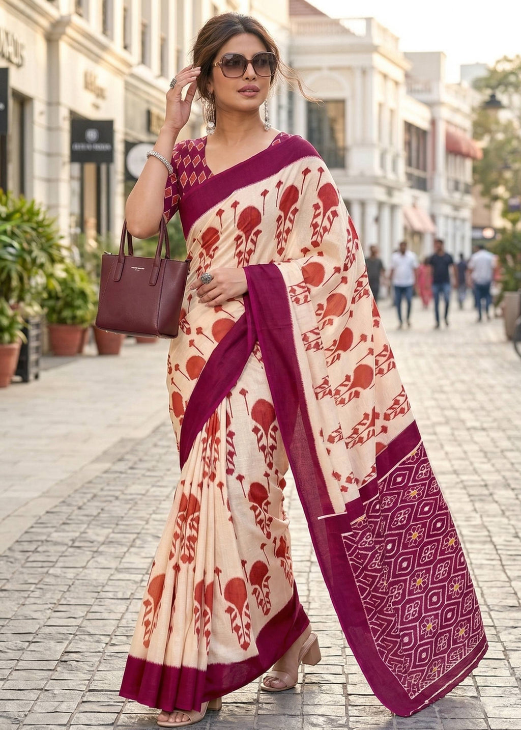 PURE SOFT MULMUL COTTON HAND BLOCK IKKAT PRINT PINK SAREE WITH BLOUSE