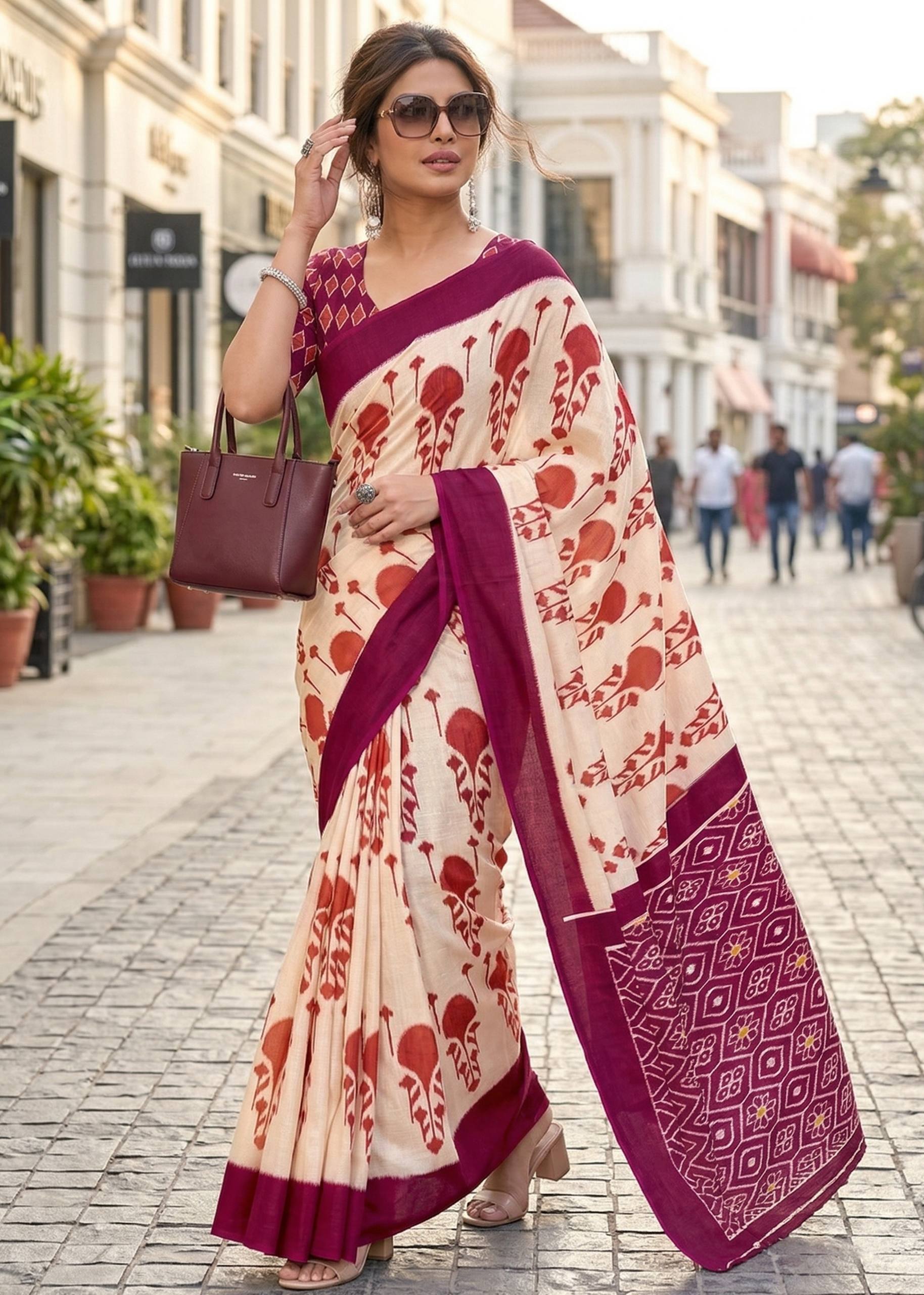 PURE SOFT MULMUL COTTON HAND BLOCK IKKAT PRINT PINK SAREE WITH BLOUSE